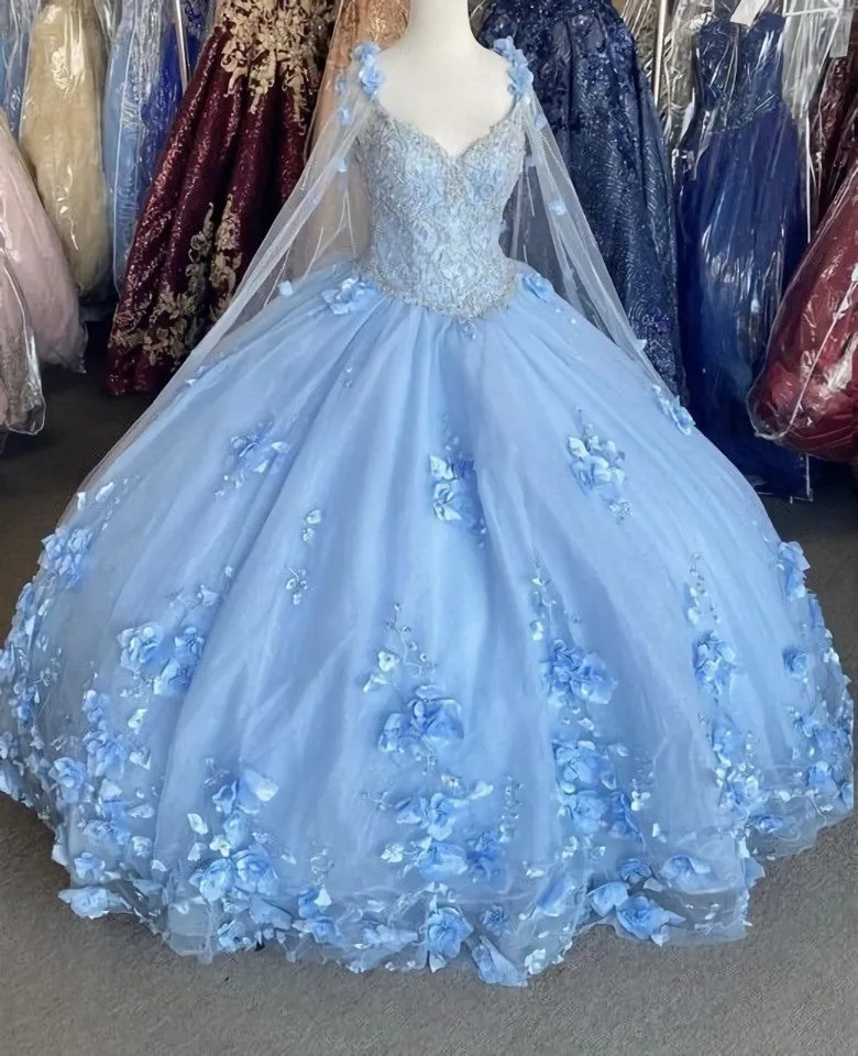 Blue flowers  tulle ball gown , chic prom dress