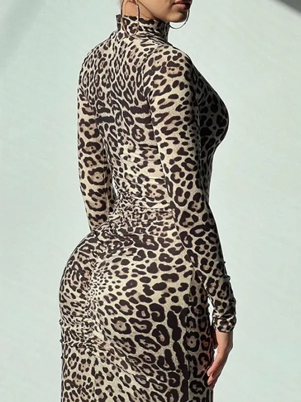 Bodycon Long Sleeves Leopard Pleated Printed Split-Front High Neck Maxi Dresses