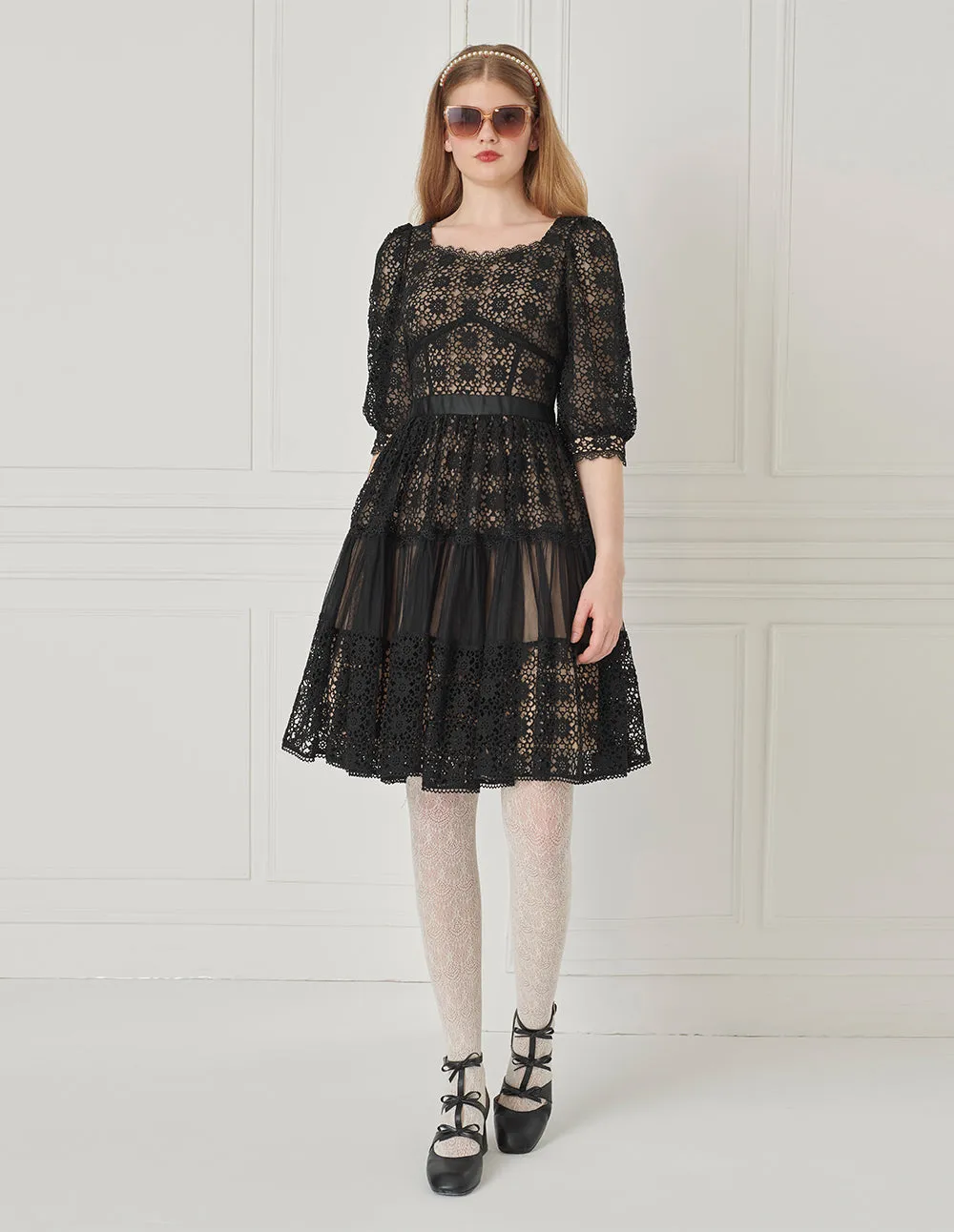 BORA AKSU Diamond Square Neck Lace And Mesh Patchwork Dress