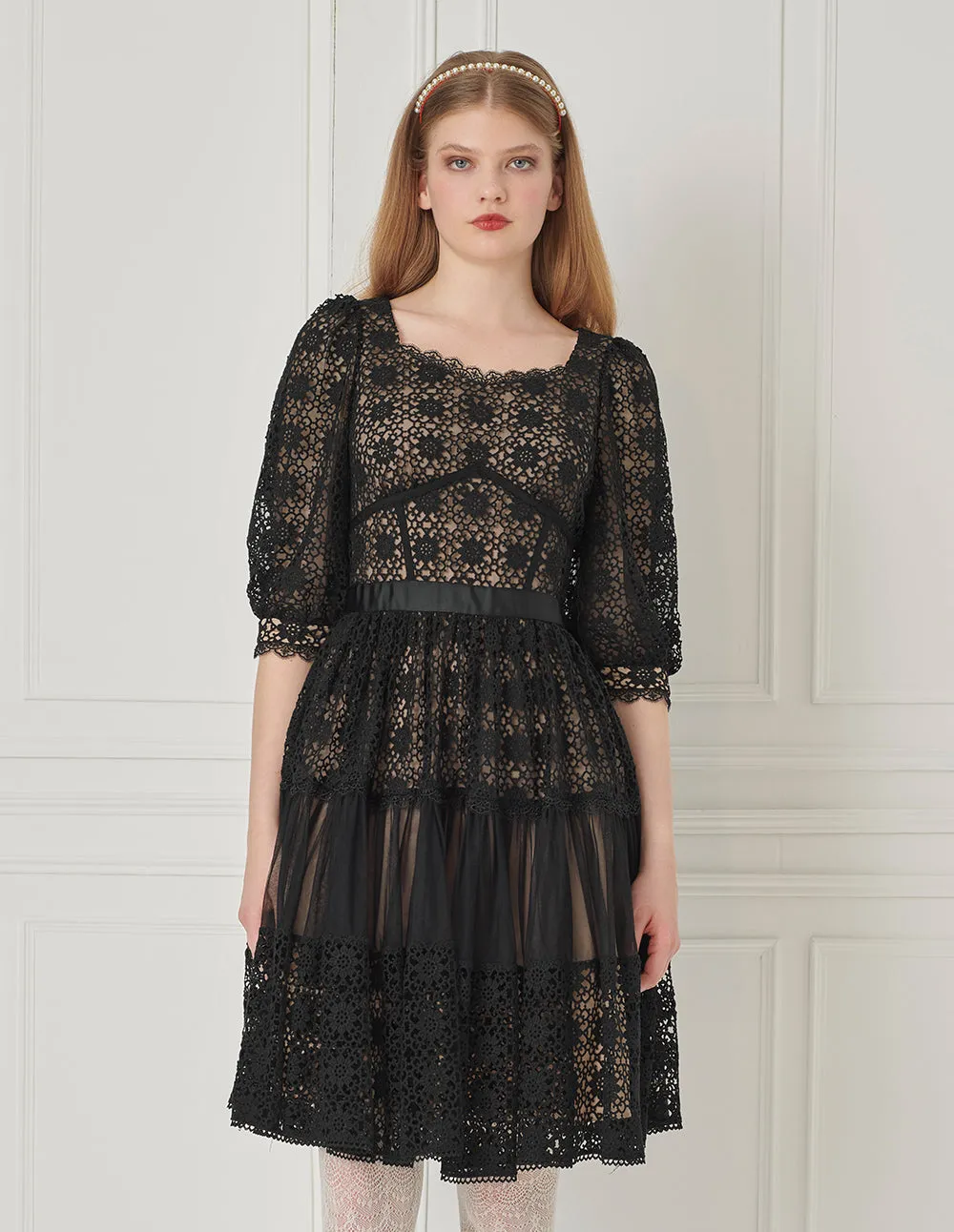 BORA AKSU Diamond Square Neck Lace And Mesh Patchwork Dress