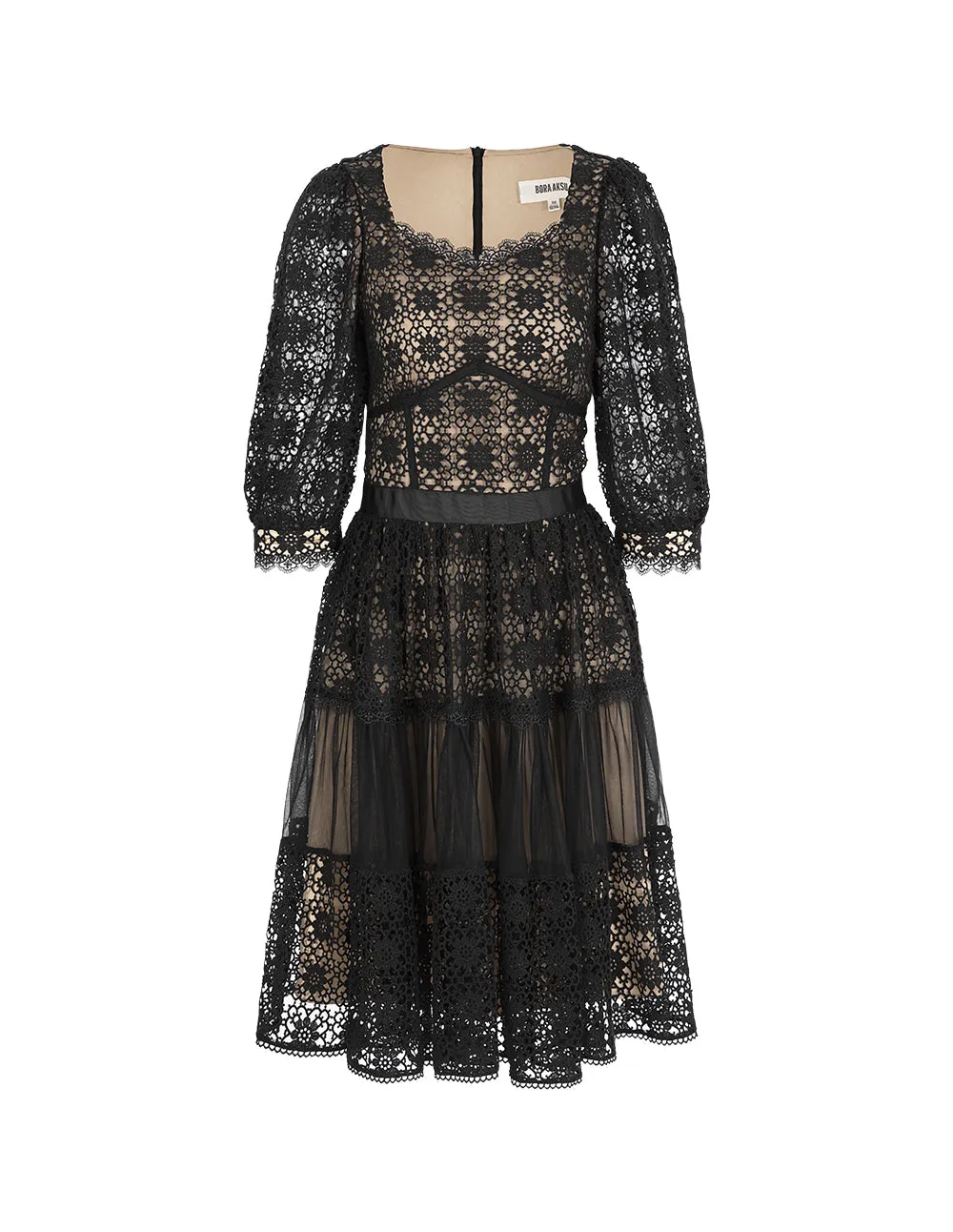 BORA AKSU Diamond Square Neck Lace And Mesh Patchwork Dress