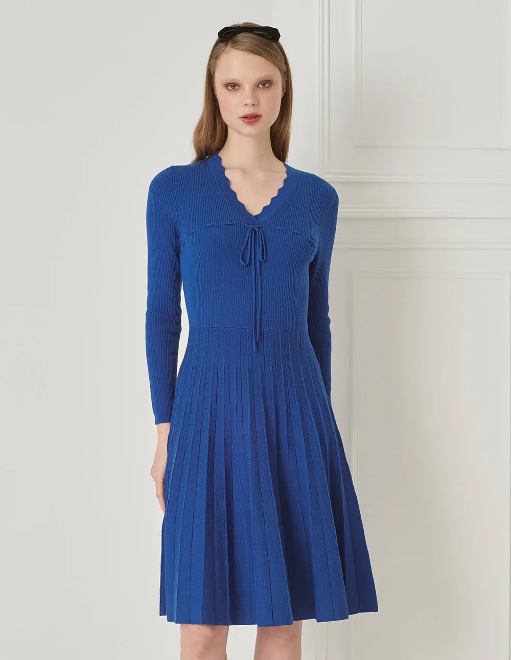 BORA AKSU V-Neck Pleated Hem Drawstring Waist Wool Knitted Dress