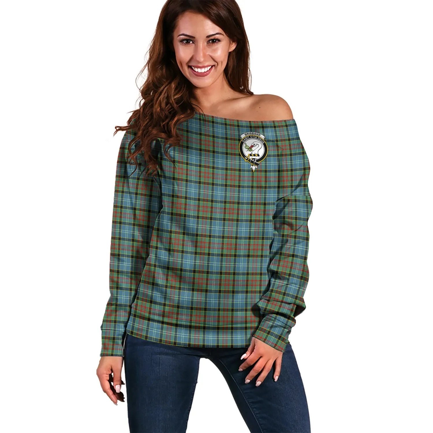 Brisbane Tartan Off Shoulder Women Sweater with Family Crest