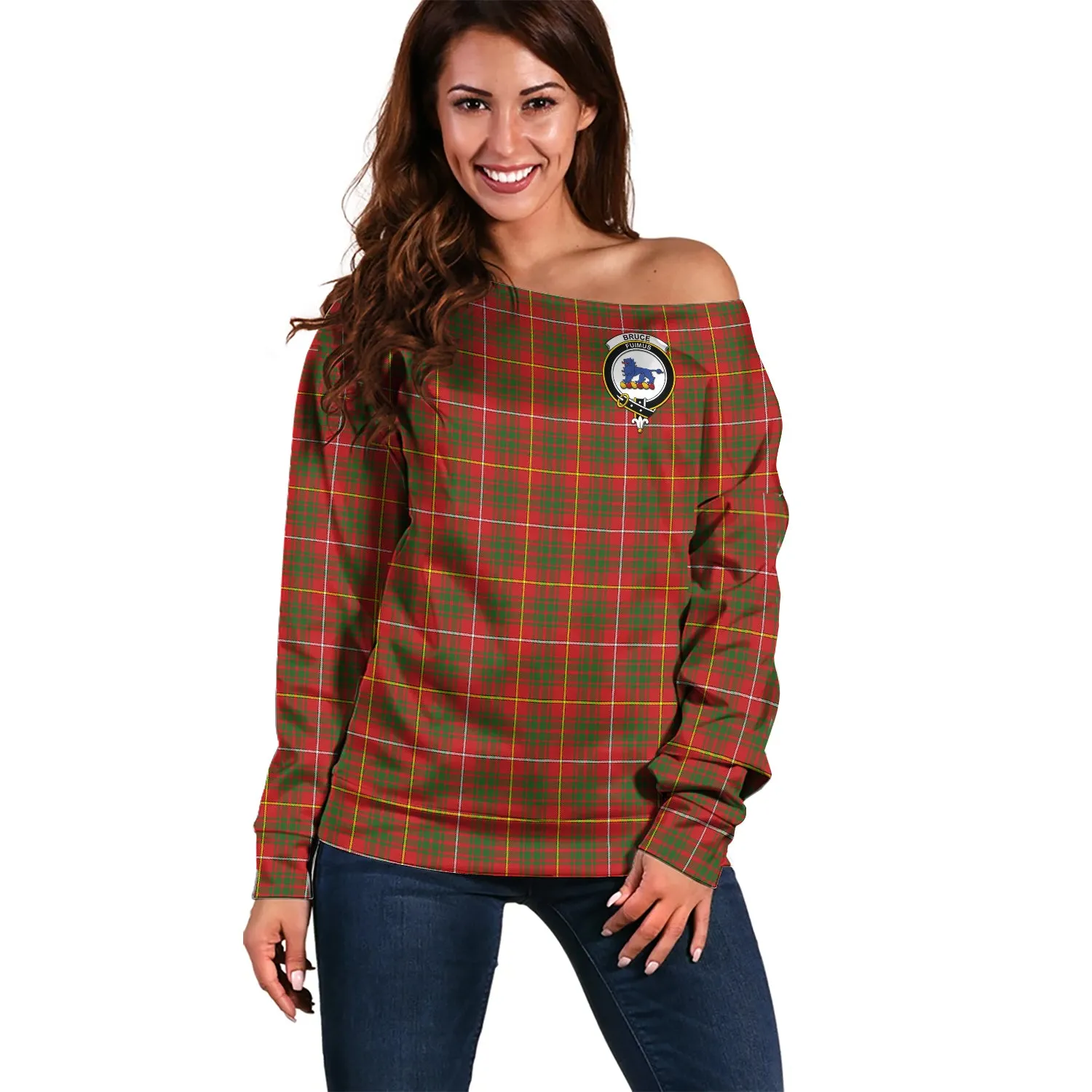 Bruce Modern Tartan Off Shoulder Women Sweater with Family Crest