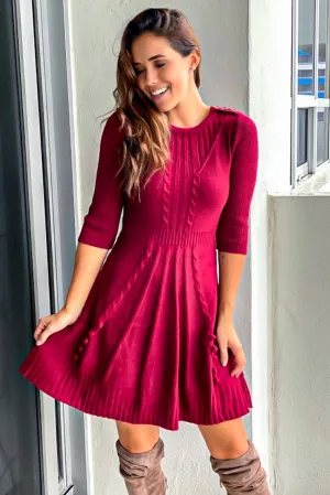 Burgundy Sweater Dress With Button Detail