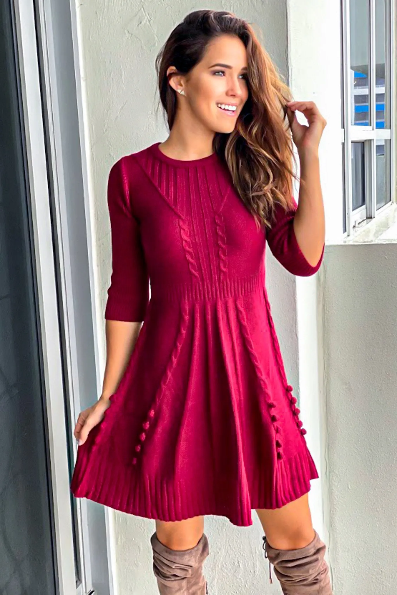 Burgundy Sweater Dress With Button Detail