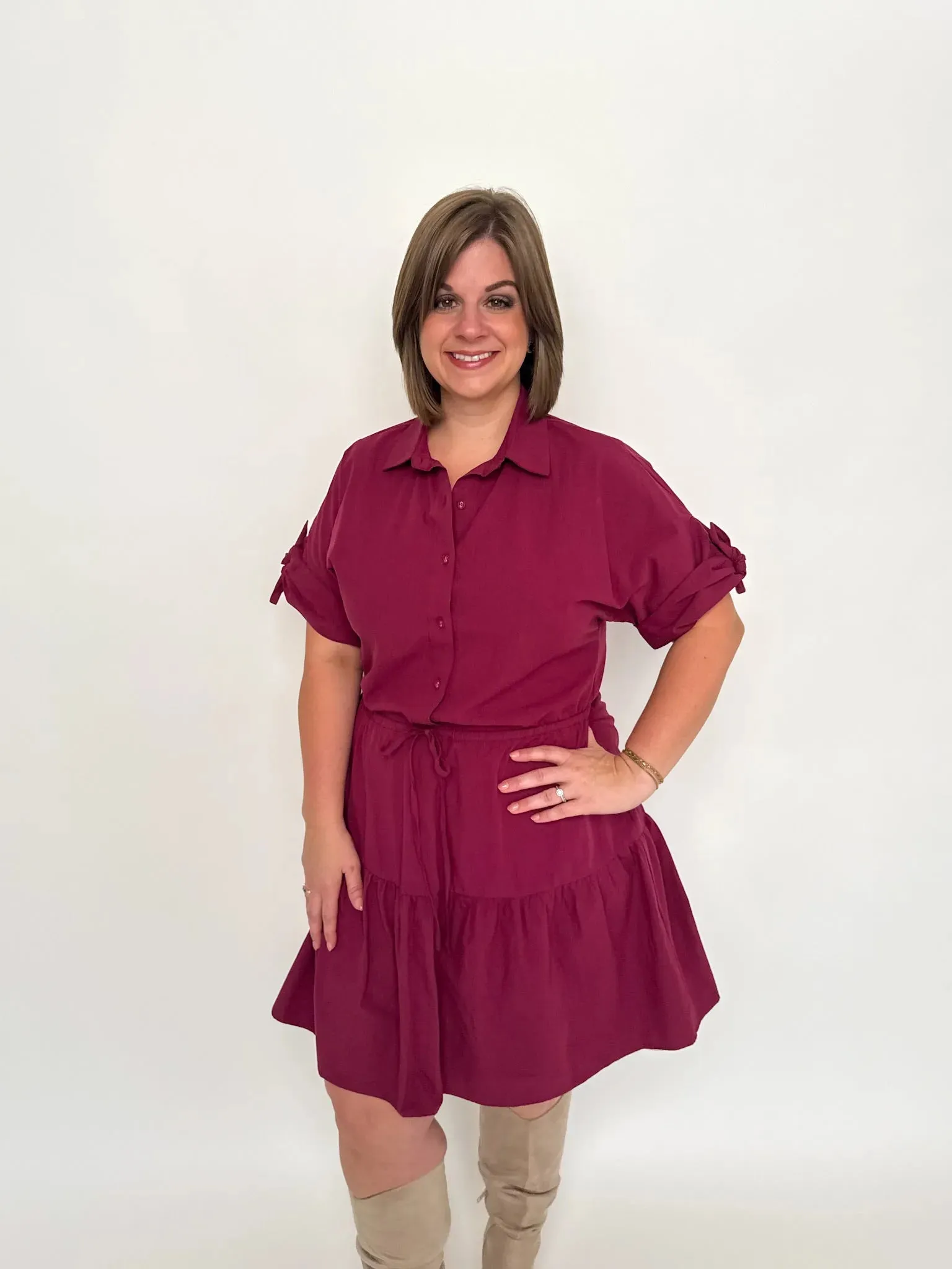 Burgundy Tiered Shirt Dress