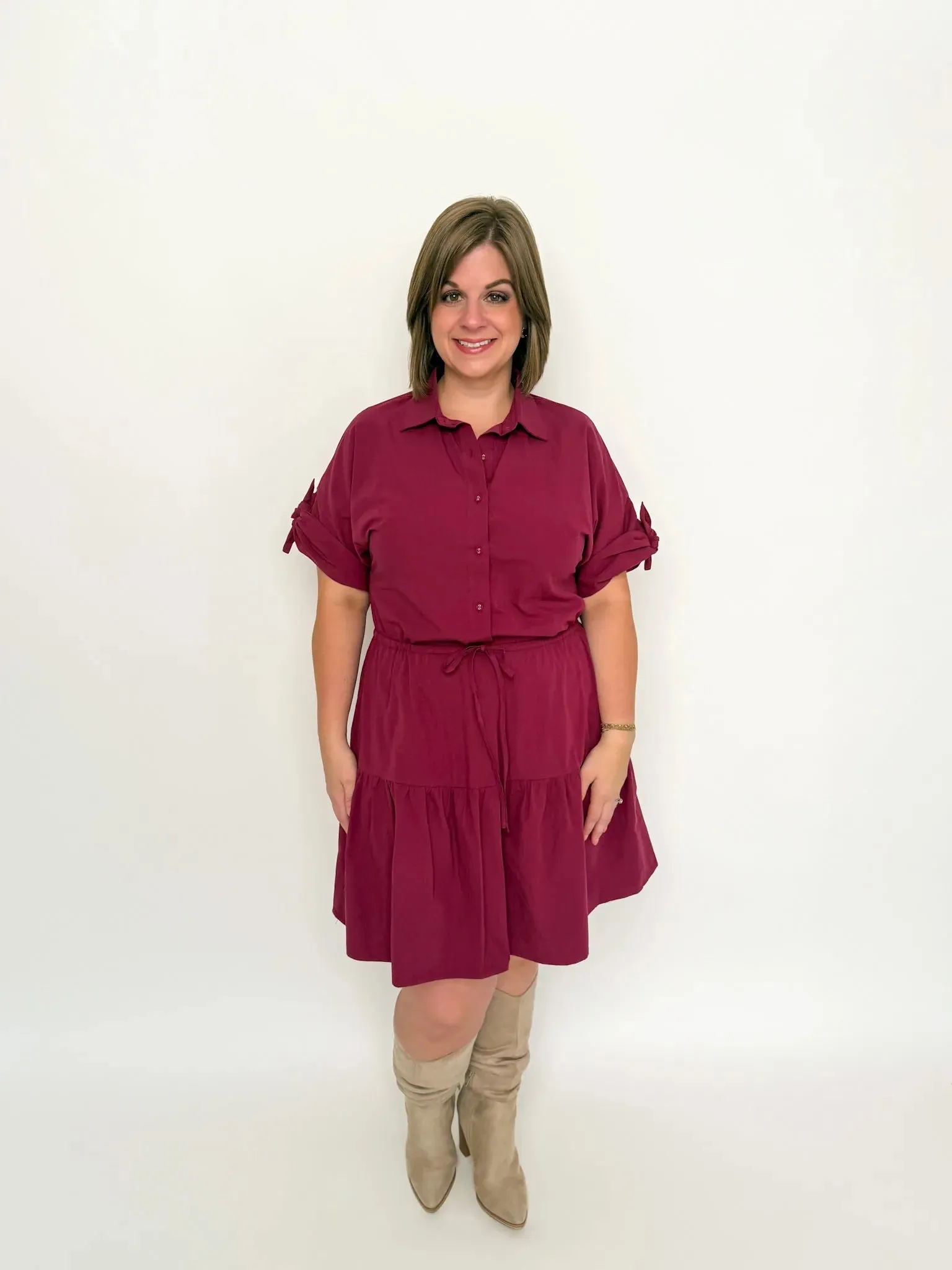 Burgundy Tiered Shirt Dress