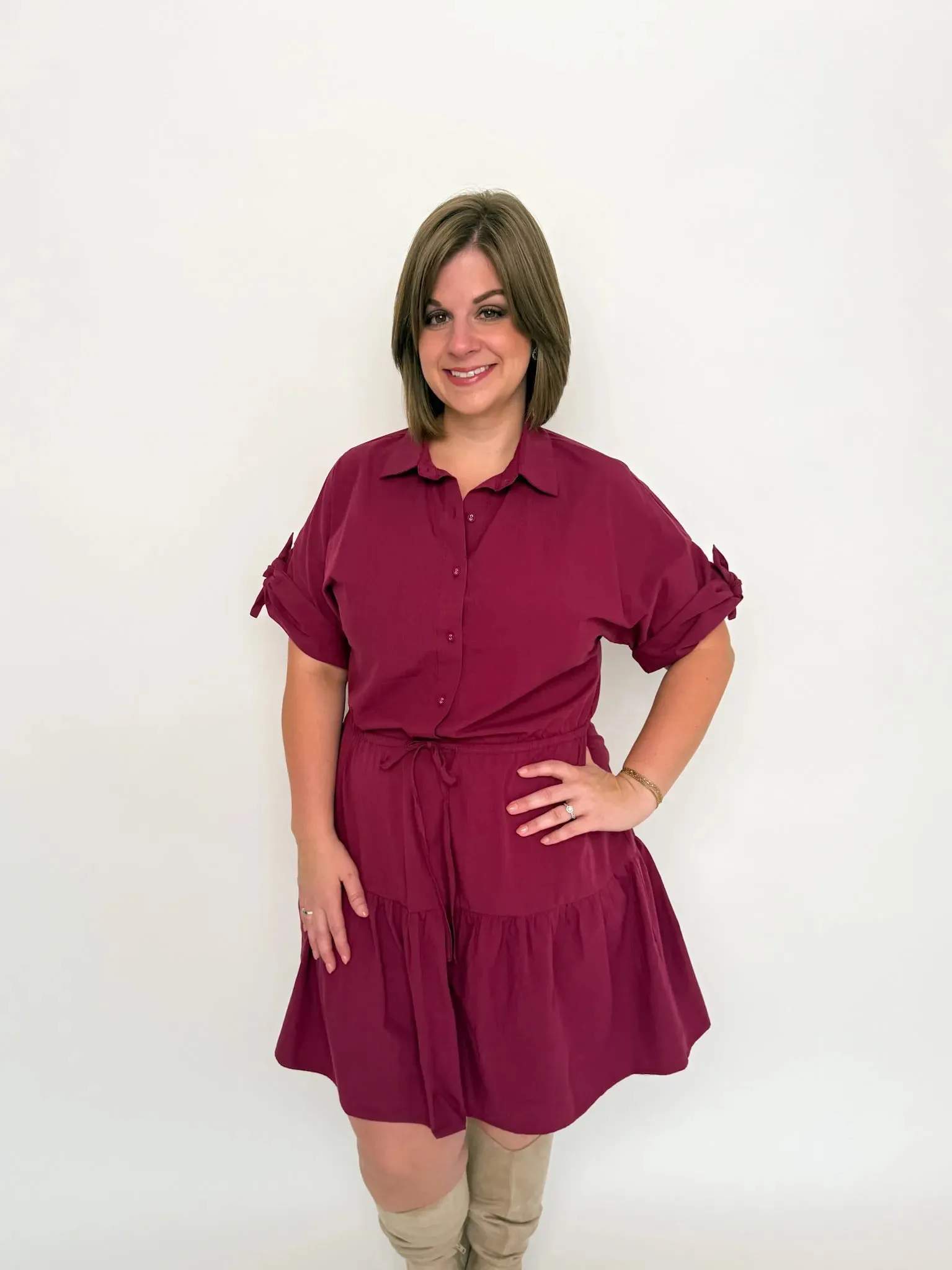 Burgundy Tiered Shirt Dress