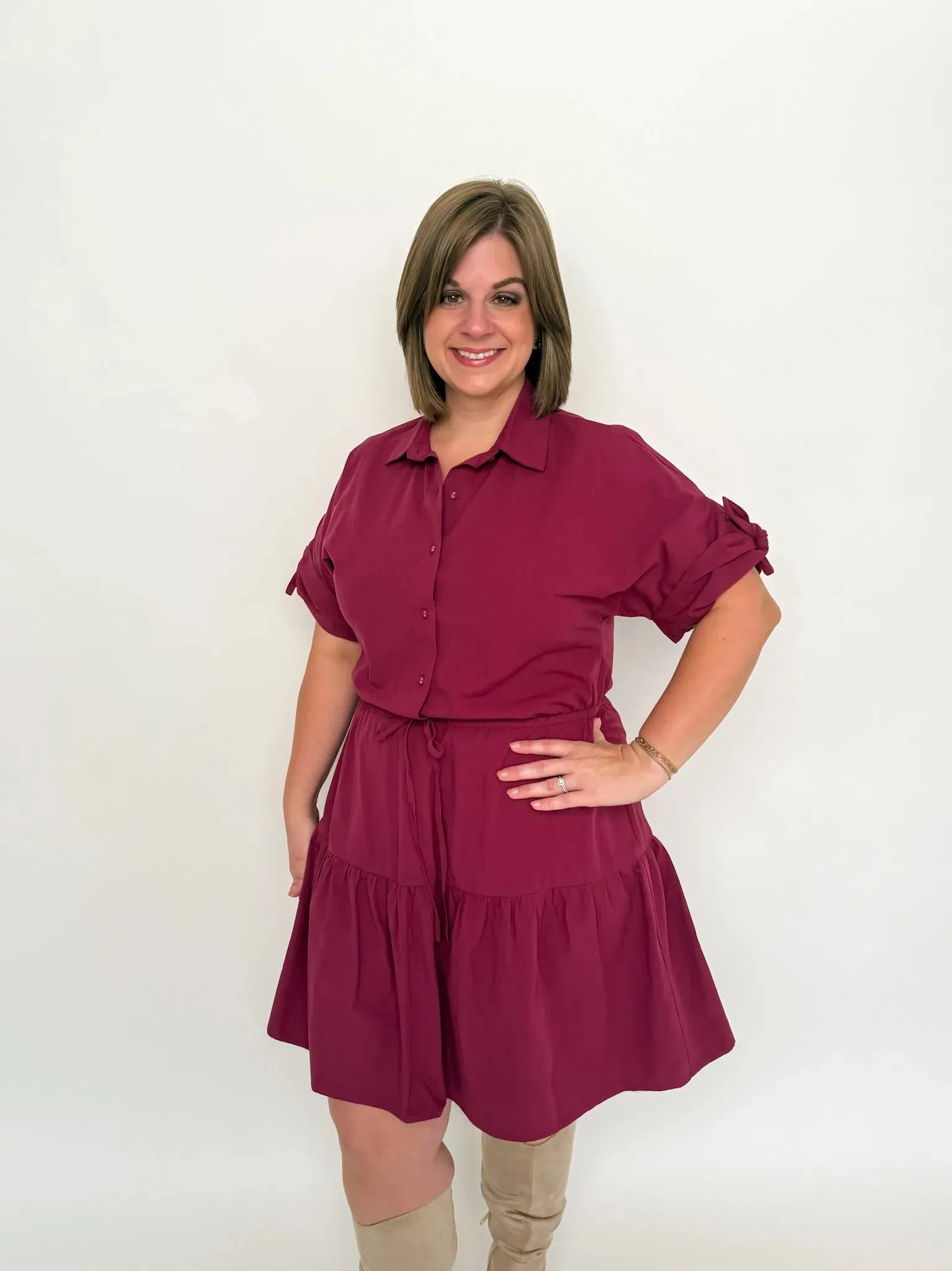 Burgundy Tiered Shirt Dress