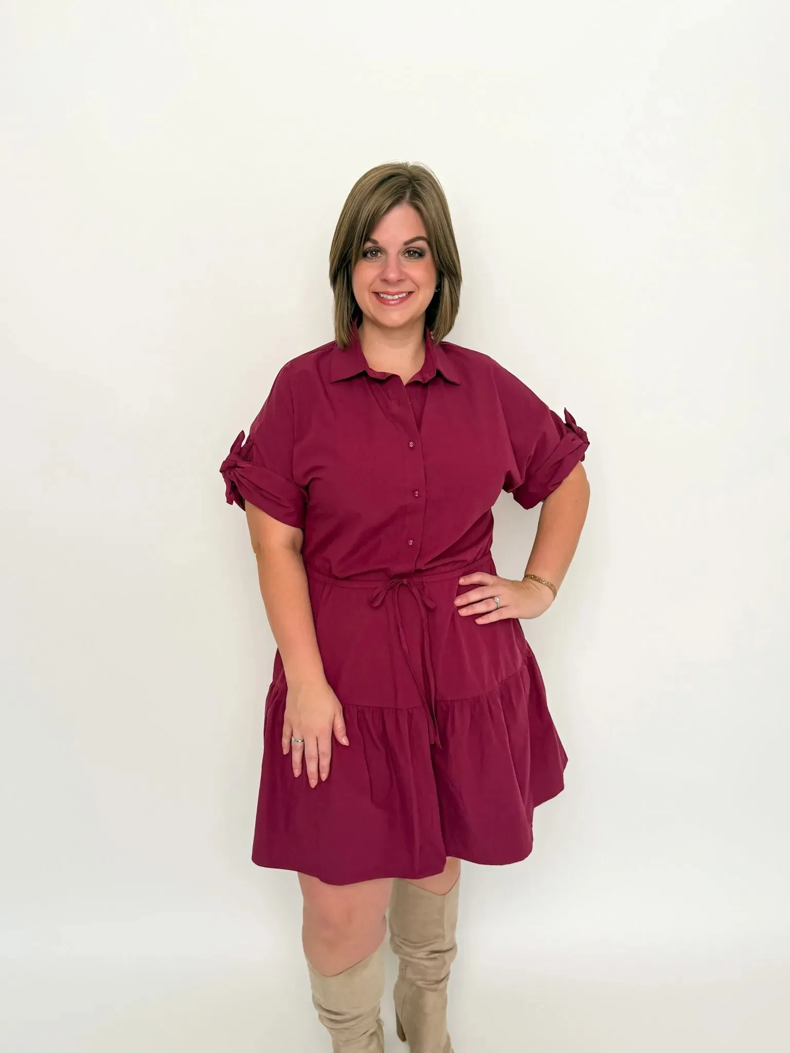 Burgundy Tiered Shirt Dress