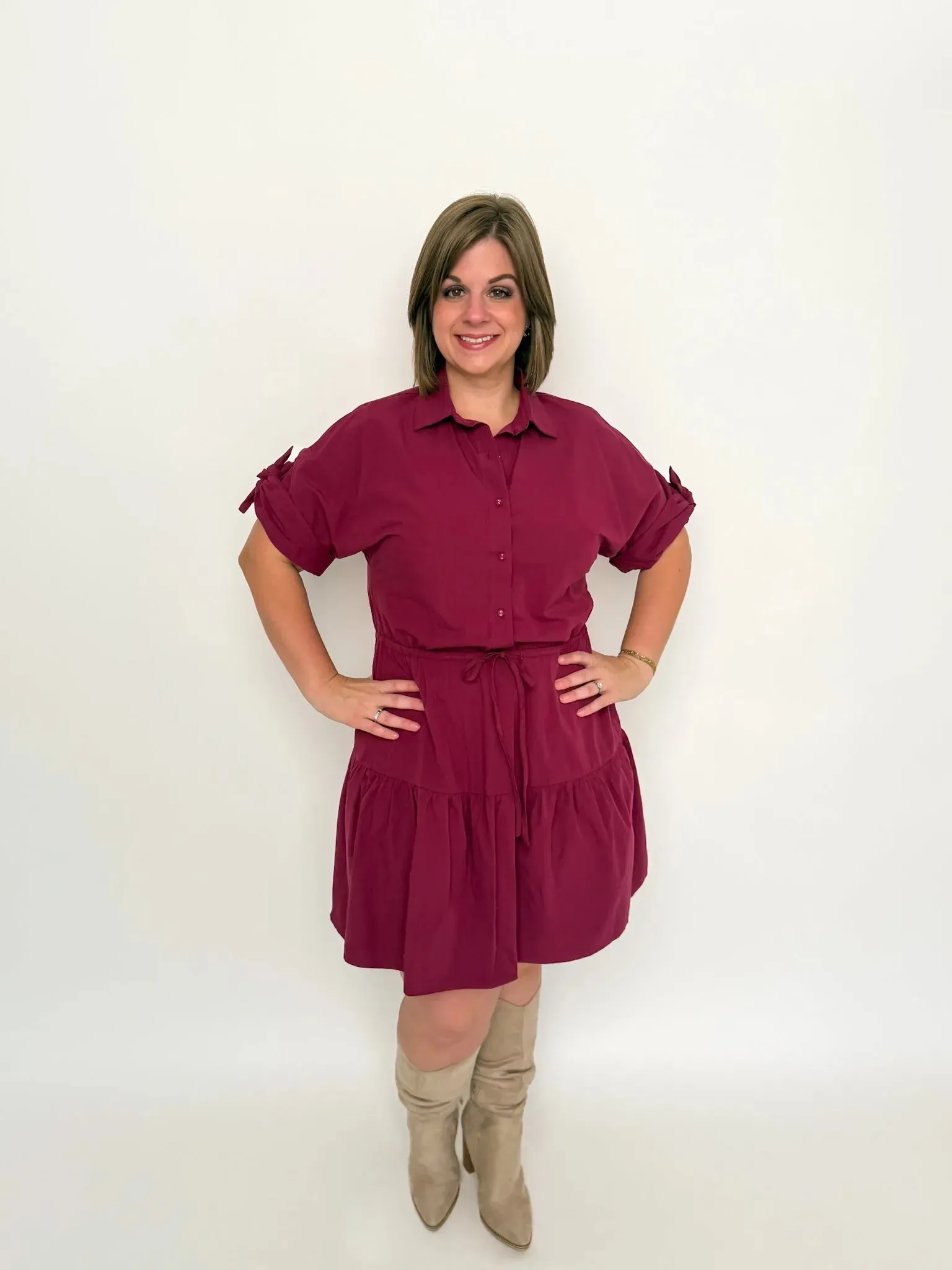 Burgundy Tiered Shirt Dress