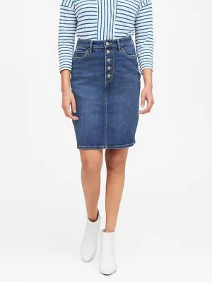 Button-Fly Denim Pencil Skirt in Indigo