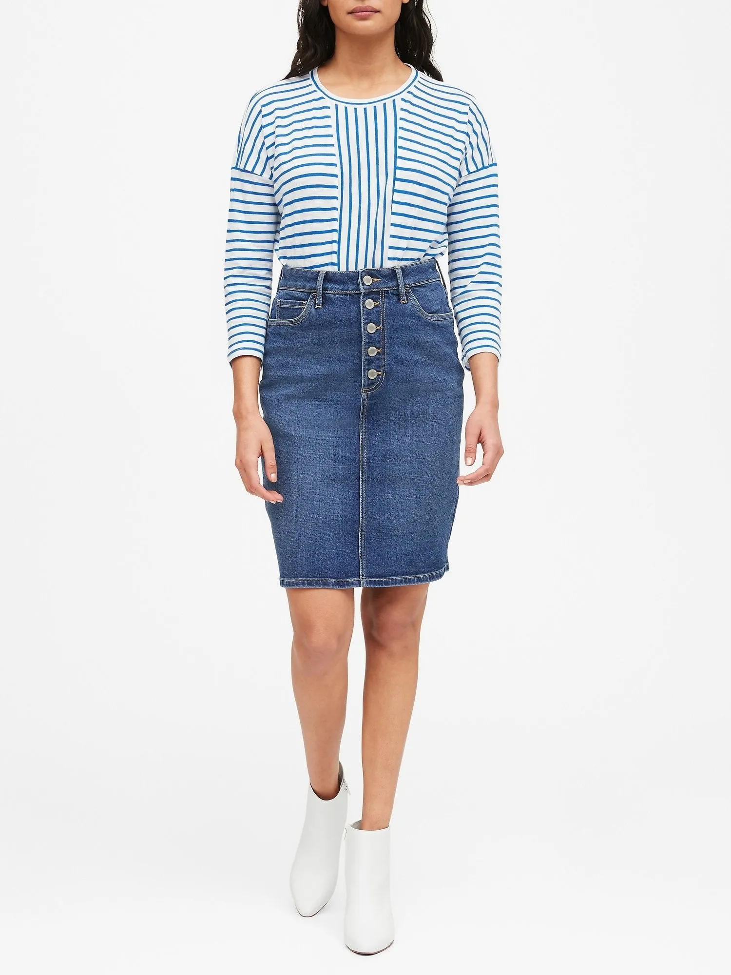 Button-Fly Denim Pencil Skirt in Indigo