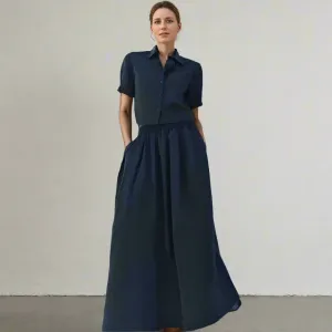 Casual Two Piece Sets For Women Lapel Short Sleeve Spliced Button Shirts High Waist A Line Long Skirt Minimalist Set Female