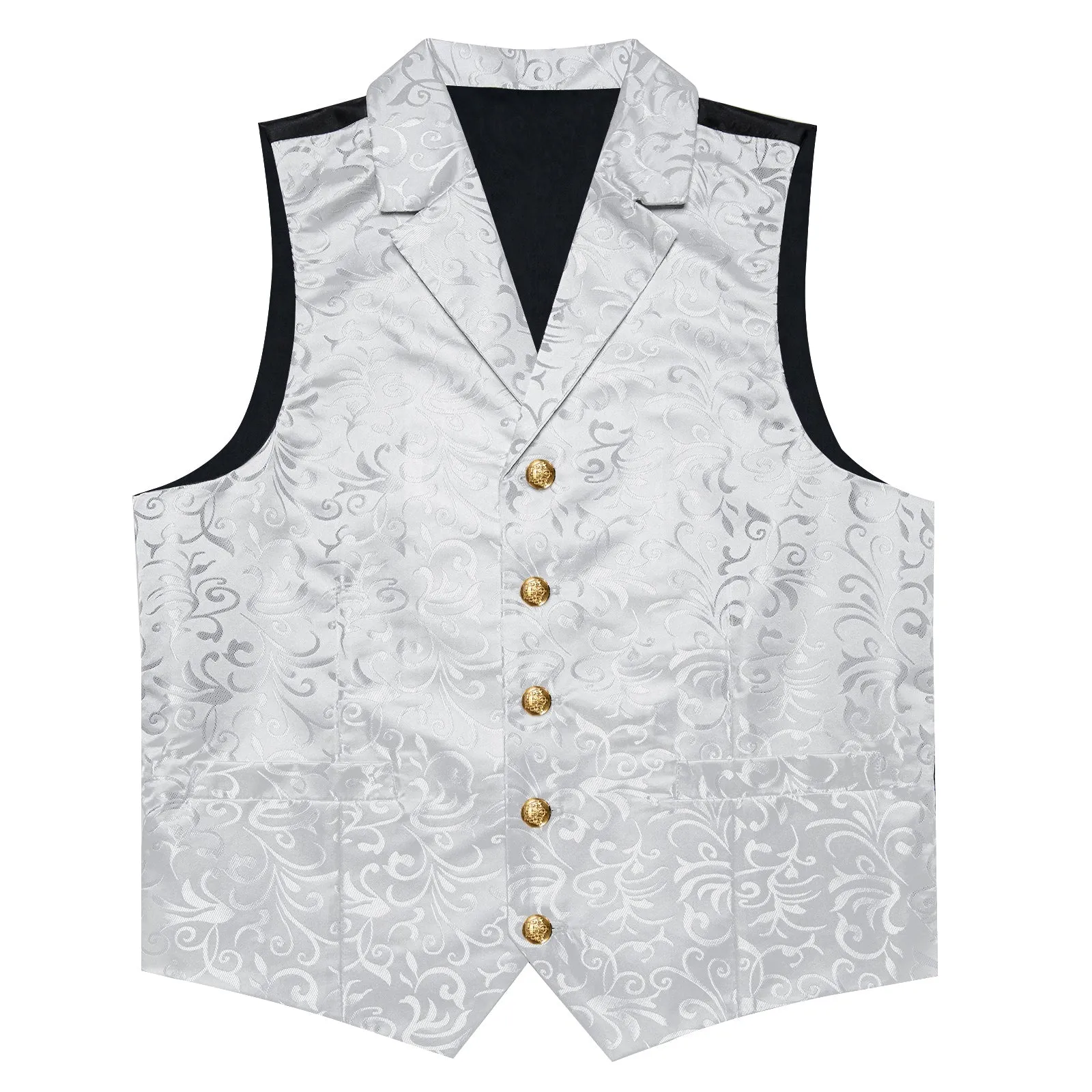 Classic Silver Floral Men's Collar Vest Tie Hanky Cufflinks Set Waistcoat Suit Set