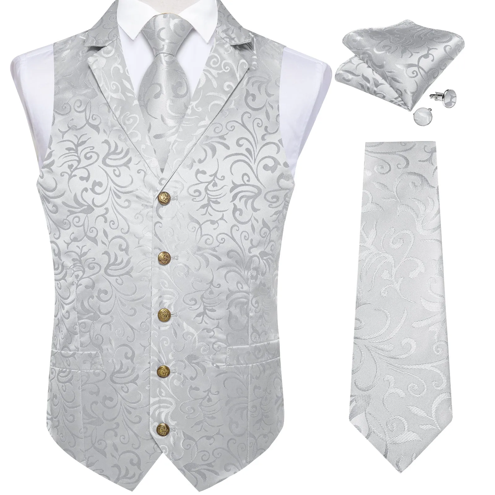 Classic Silver Floral Men's Collar Vest Tie Hanky Cufflinks Set Waistcoat Suit Set