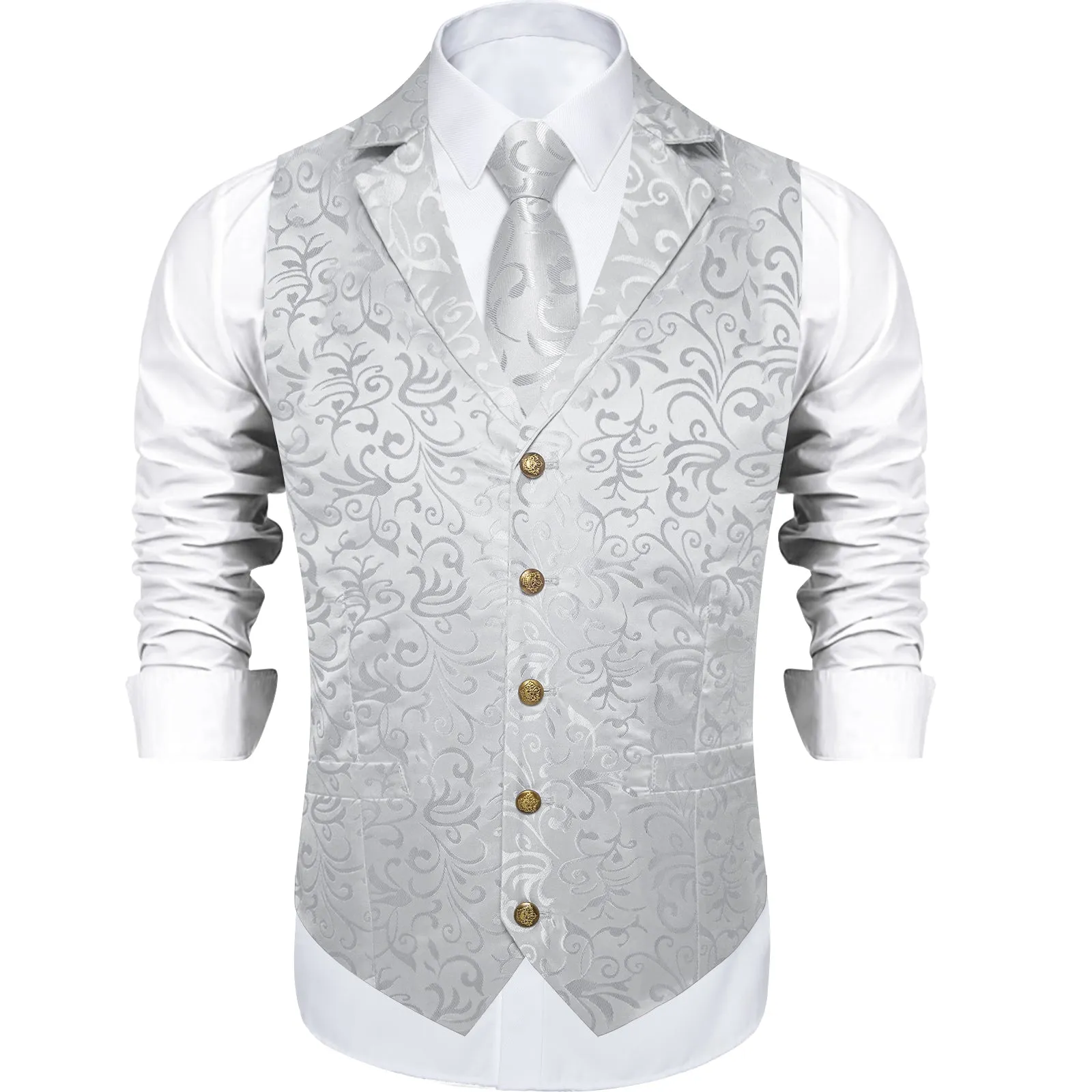 Classic Silver Floral Men's Collar Vest Tie Hanky Cufflinks Set Waistcoat Suit Set