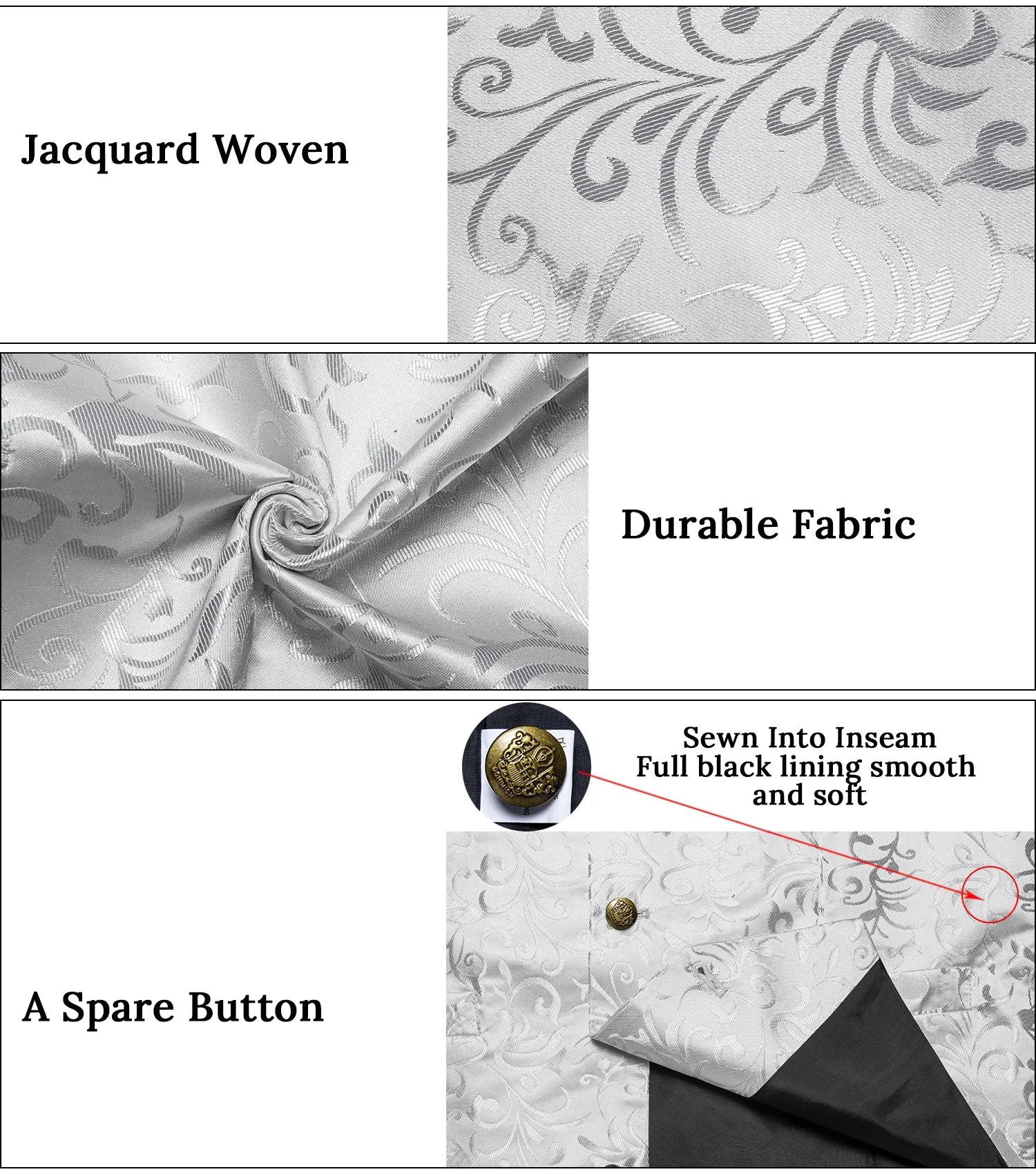 Classic Silver Floral Men's Collar Vest Tie Hanky Cufflinks Set Waistcoat Suit Set