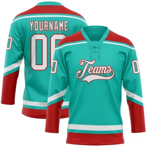 Custom Aqua White-Red Hockey Lace Neck Jersey