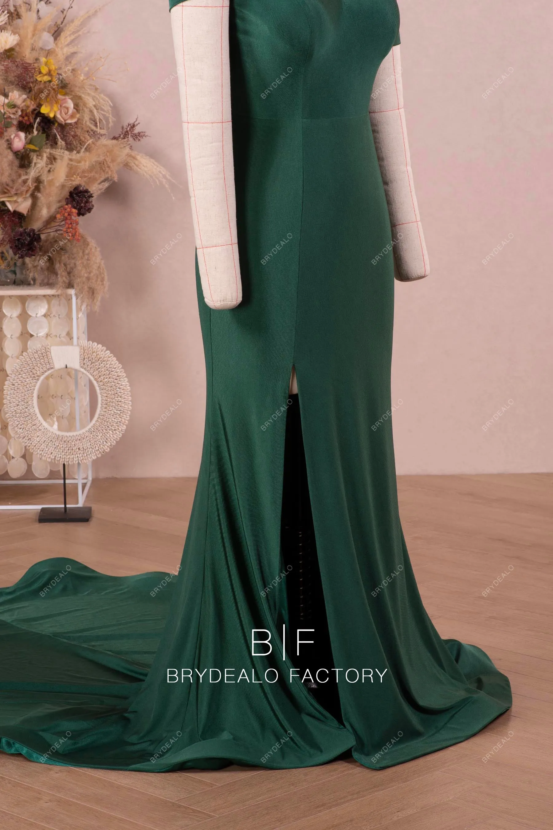 Dark Green Off Shoulder Mermaid Trendy Jersey Slit Bridesmaid Dress