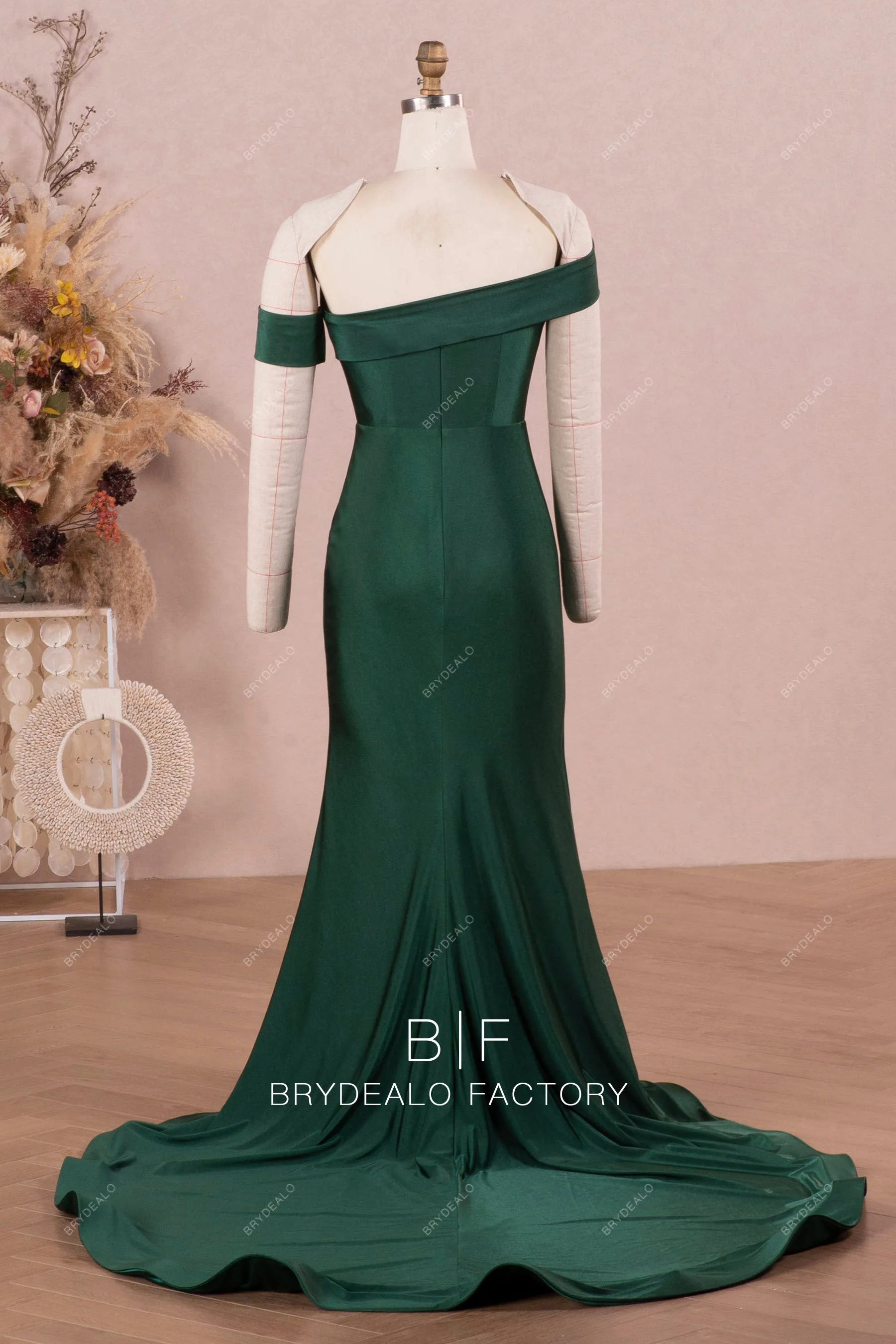 Dark Green Off Shoulder Mermaid Trendy Jersey Slit Bridesmaid Dress