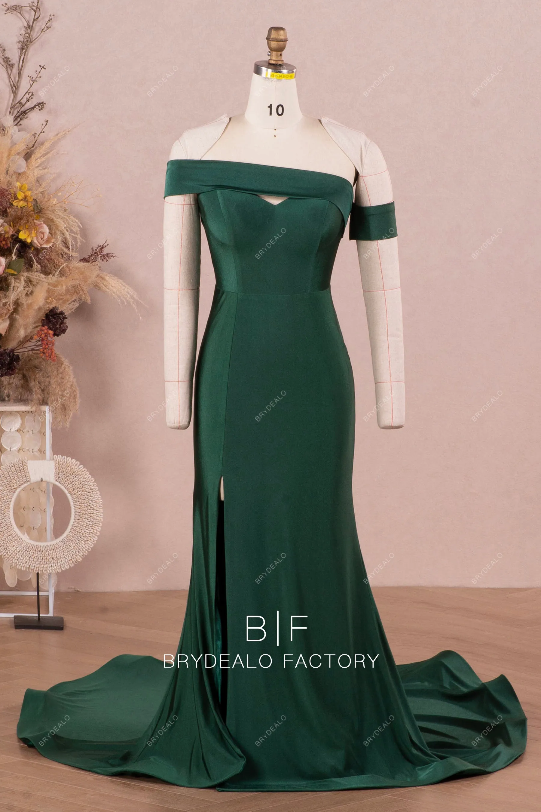 Dark Green Off Shoulder Mermaid Trendy Jersey Slit Bridesmaid Dress