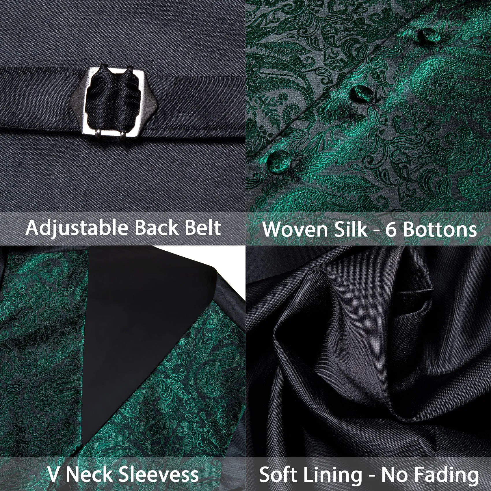 Dark Green Paisley Jacquard Silk Men's Vest Hanky Cufflinks Tie Set