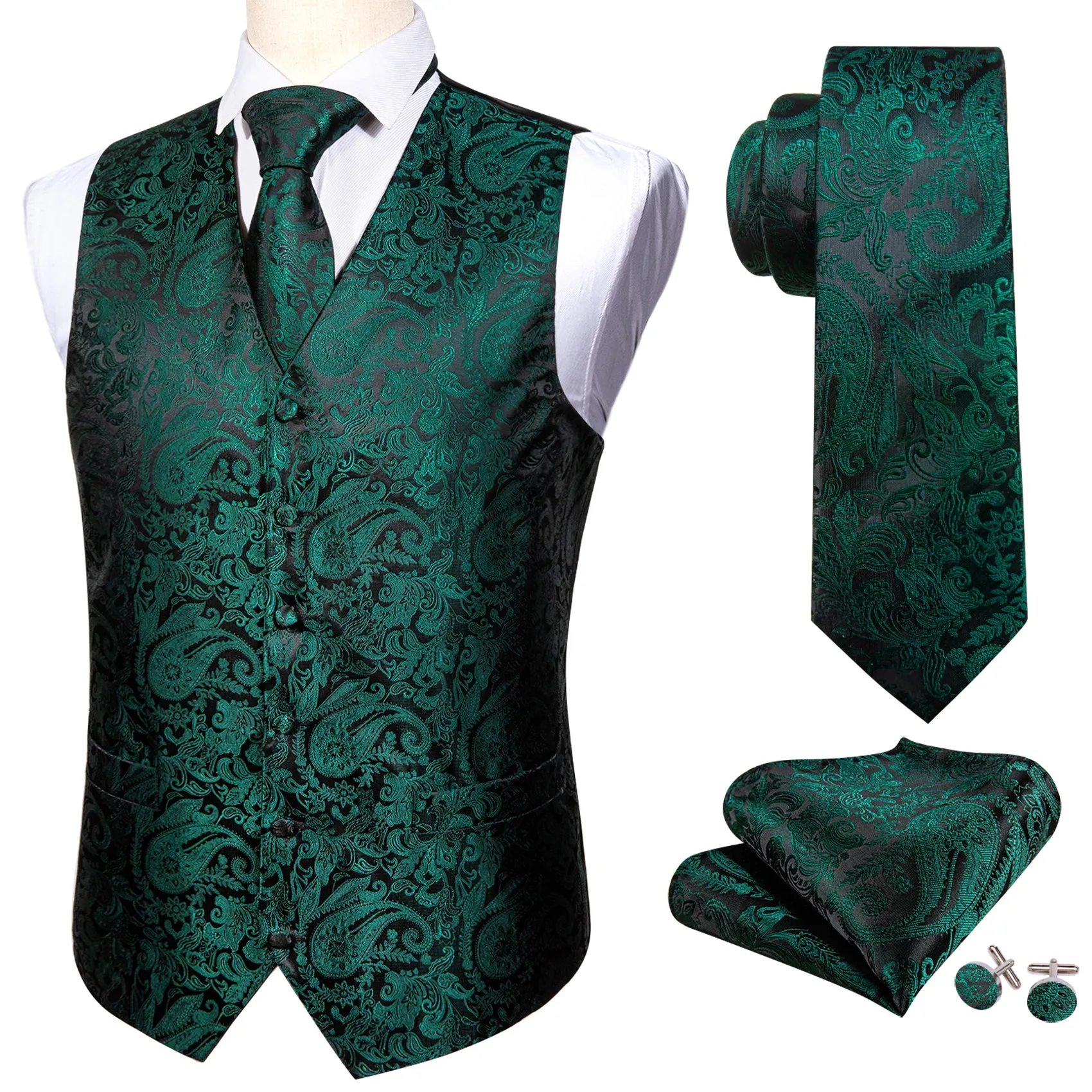 Dark Green Paisley Jacquard Silk Men's Vest Hanky Cufflinks Tie Set