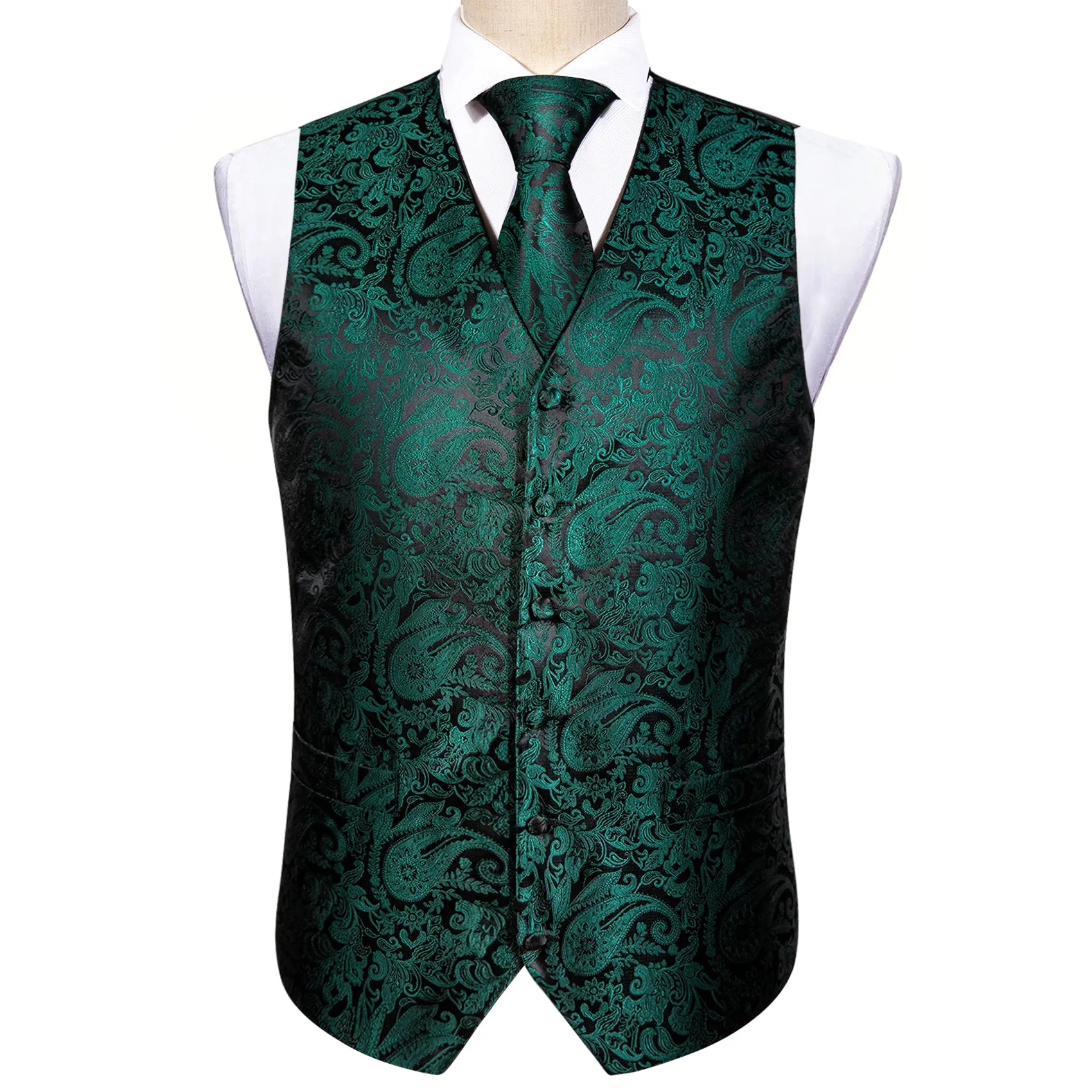 Dark Green Paisley Jacquard Silk Men's Vest Hanky Cufflinks Tie Set