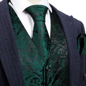 Dark Green Paisley Jacquard Silk Men's Vest Hanky Cufflinks Tie Set