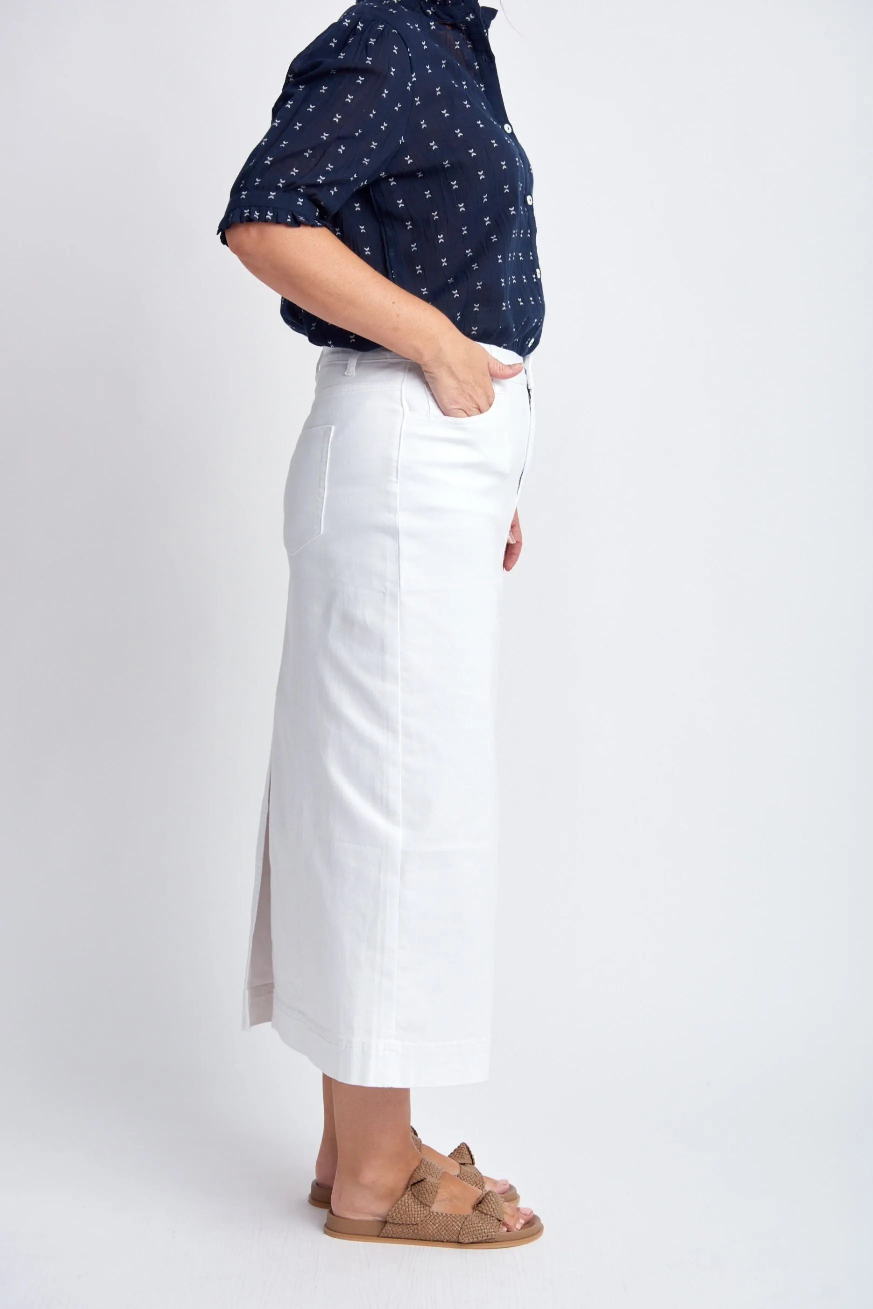 Denim Straight Skirt With Back Split White