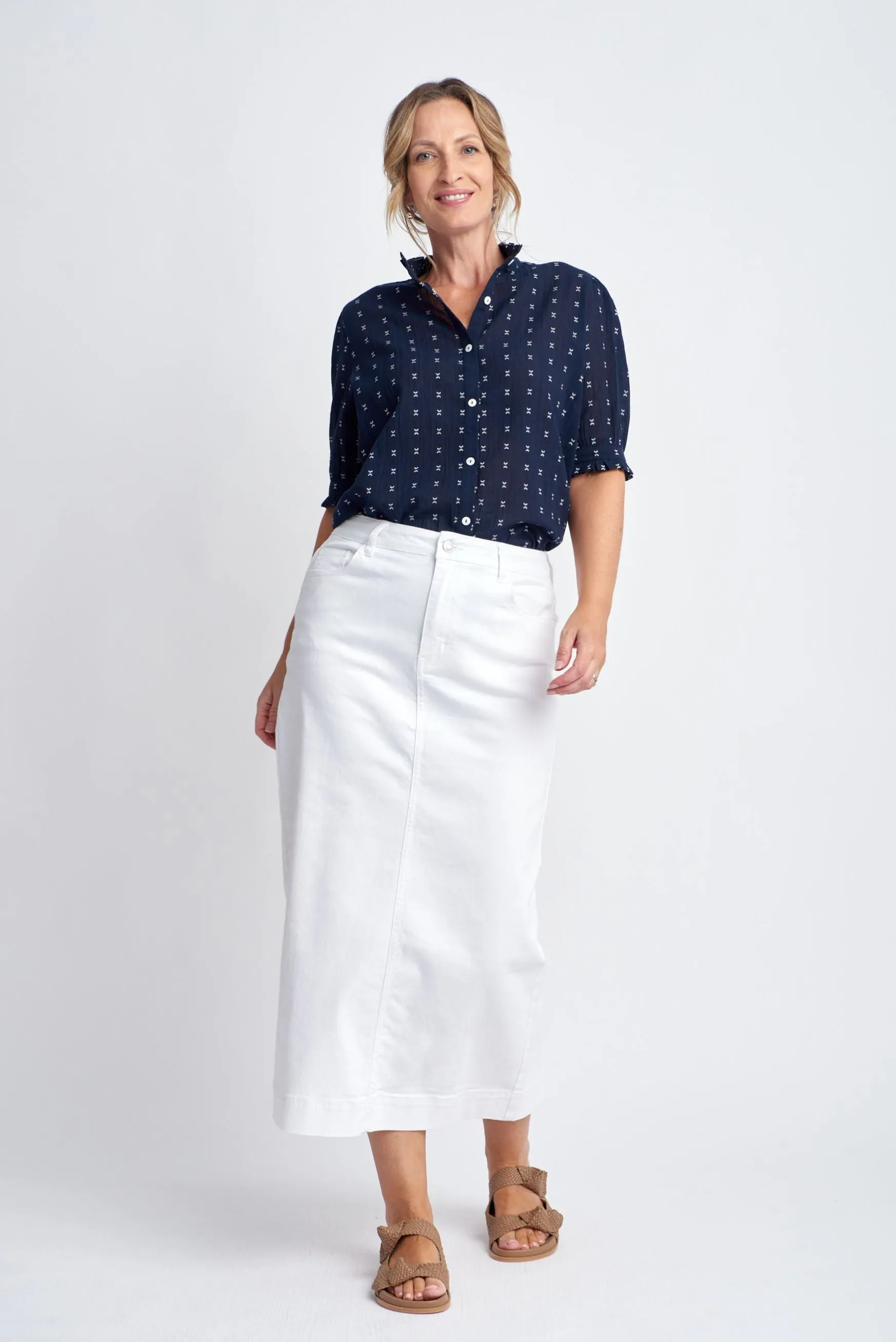 Denim Straight Skirt With Back Split White