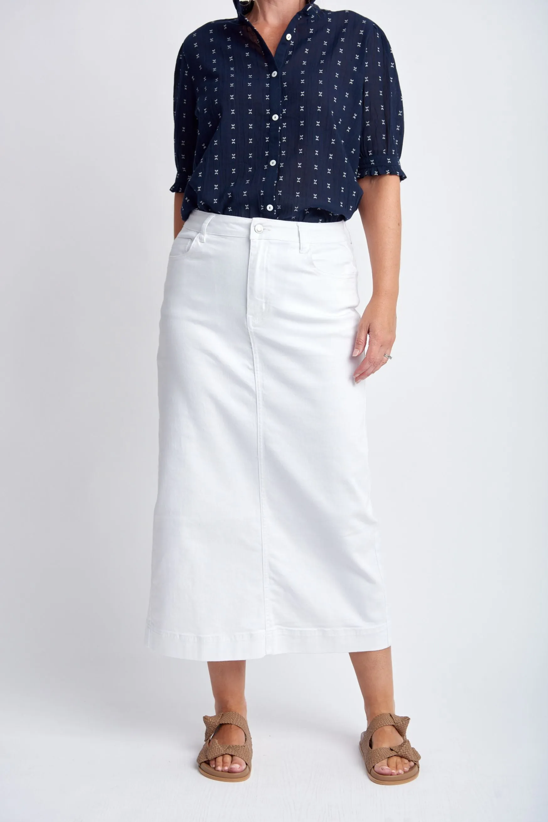 Denim Straight Skirt With Back Split White