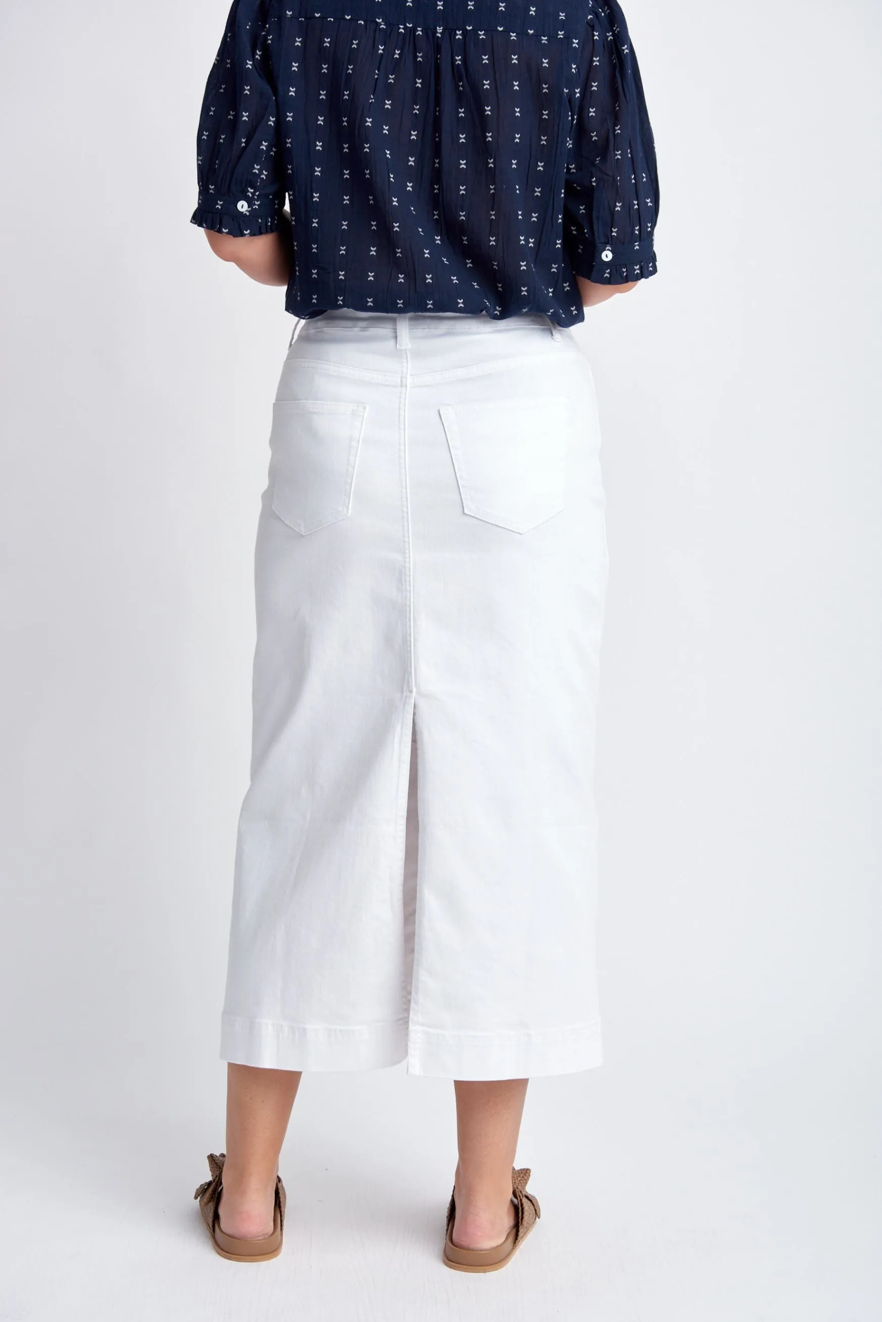 Denim Straight Skirt With Back Split White