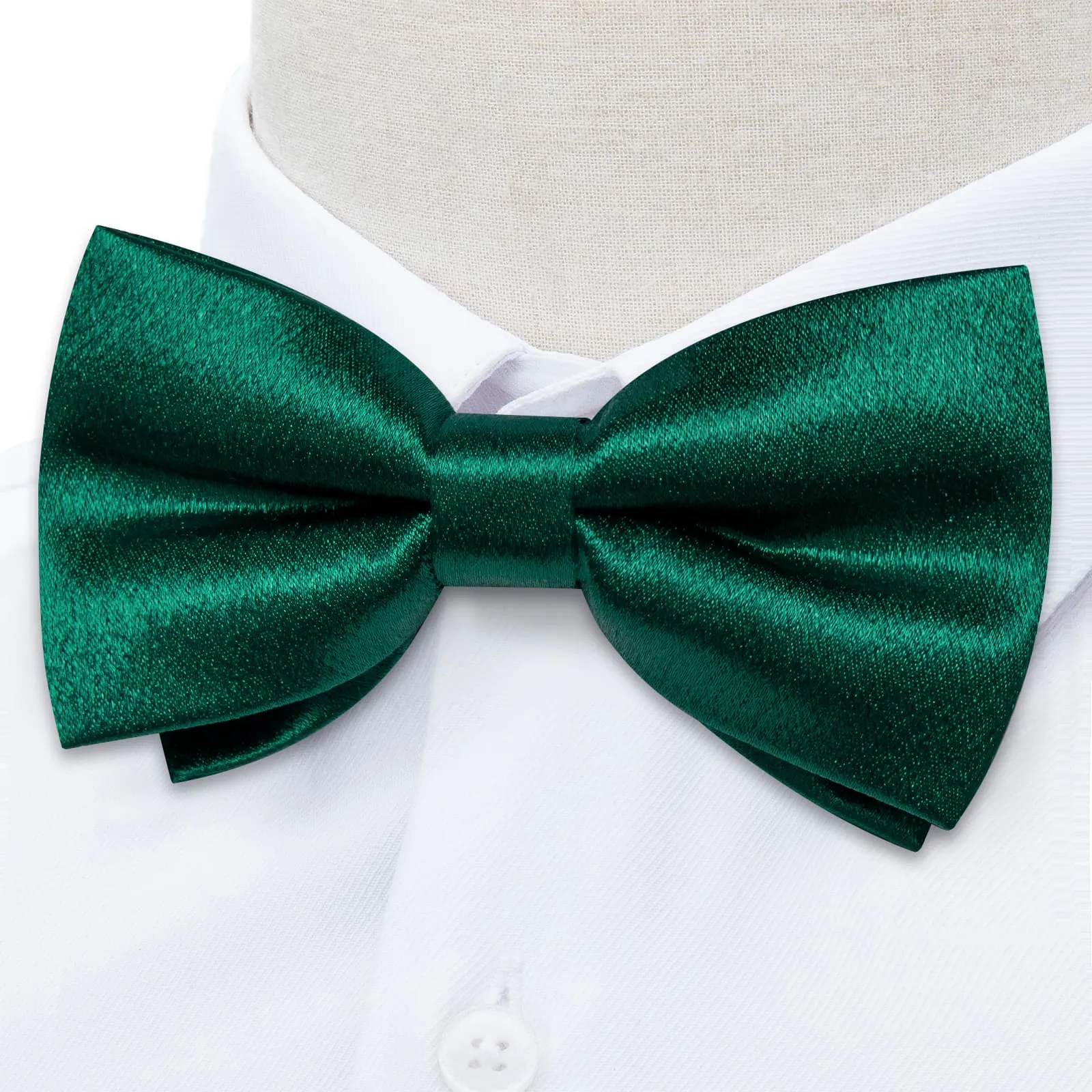 DiBanGu Silk Bow Tie Shining Pine Green Solid Mens Pre-Tied Bowtie Handkerchief Cufflinks Set