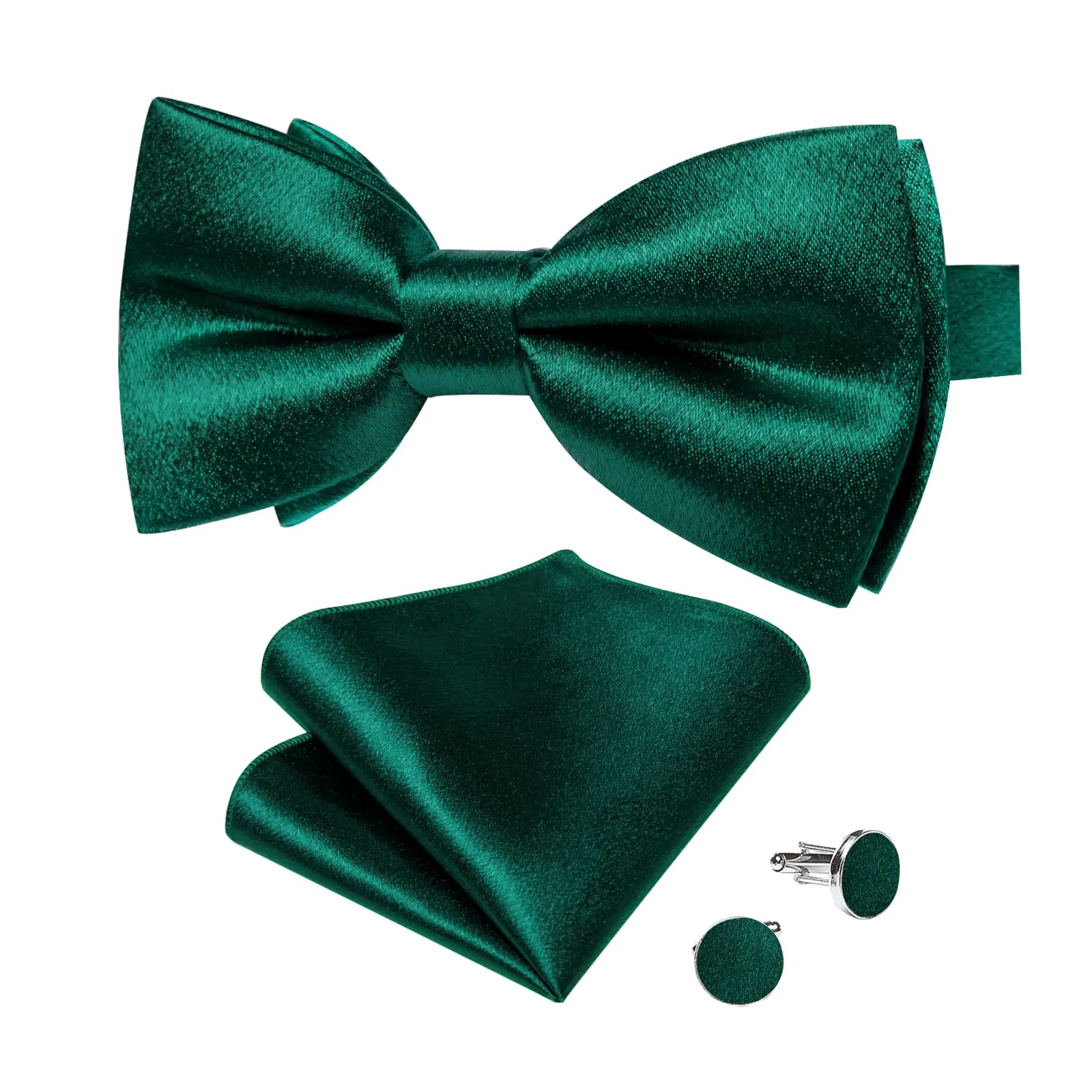 DiBanGu Silk Bow Tie Shining Pine Green Solid Mens Pre-Tied Bowtie Handkerchief Cufflinks Set