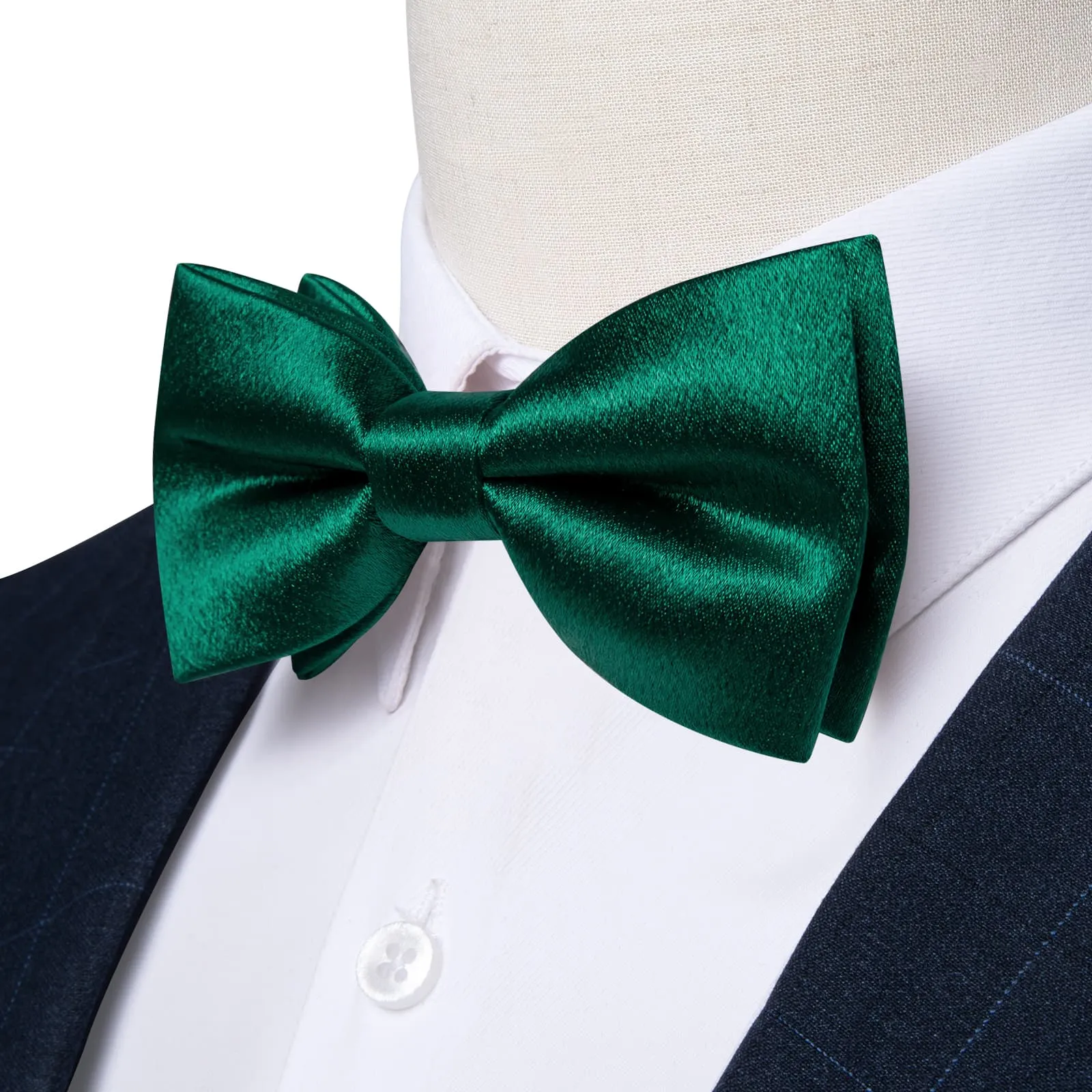 DiBanGu Silk Bow Tie Shining Pine Green Solid Mens Pre-Tied Bowtie Handkerchief Cufflinks Set