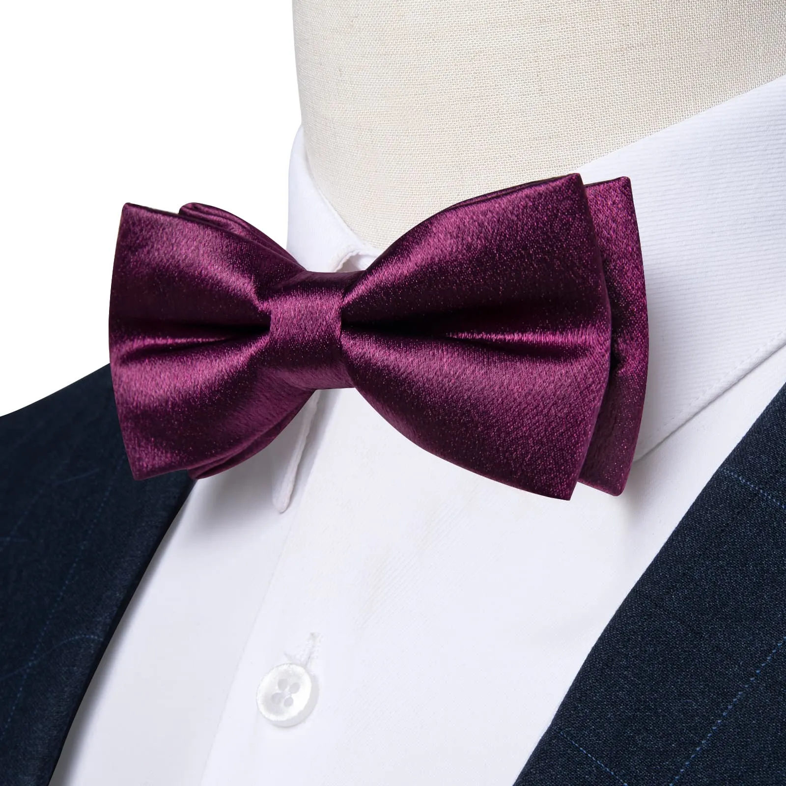 DiBanGu Silk Bow Tie Shining Plum Purple Solid Mens Pre-Tied Bowtie Handkerchief Cufflinks Set