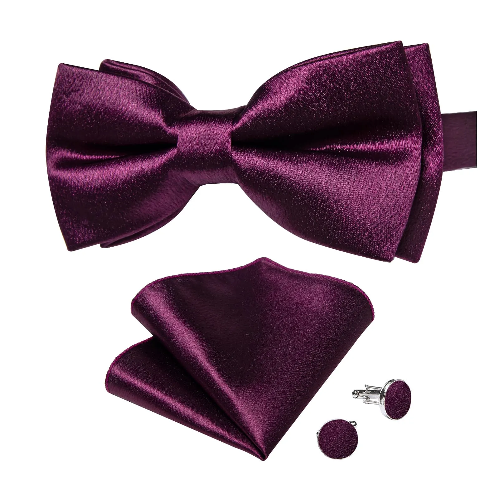 DiBanGu Silk Bow Tie Shining Plum Purple Solid Mens Pre-Tied Bowtie Handkerchief Cufflinks Set