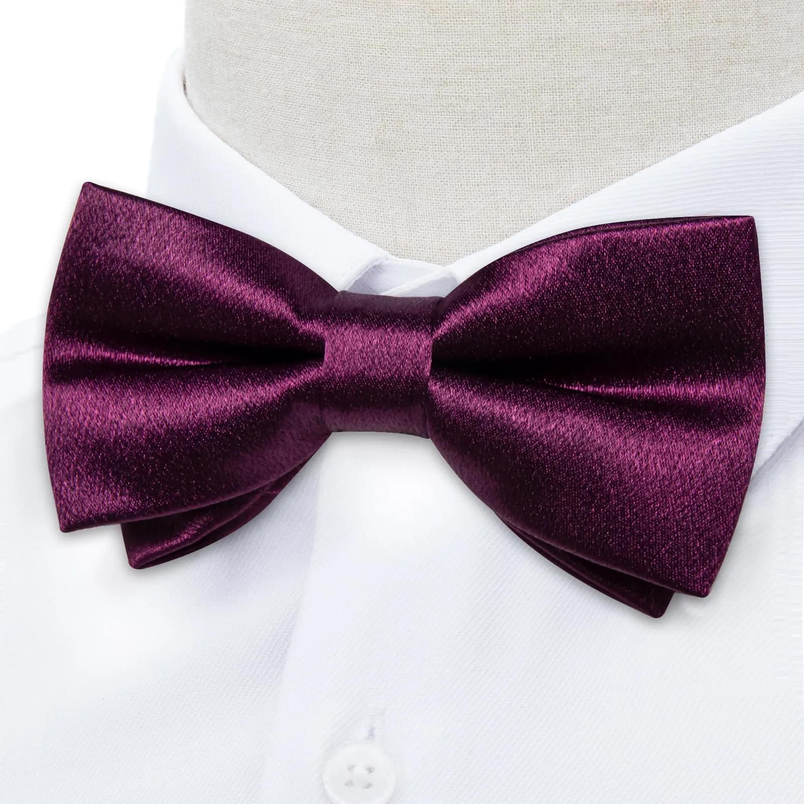 DiBanGu Silk Bow Tie Shining Plum Purple Solid Mens Pre-Tied Bowtie Handkerchief Cufflinks Set