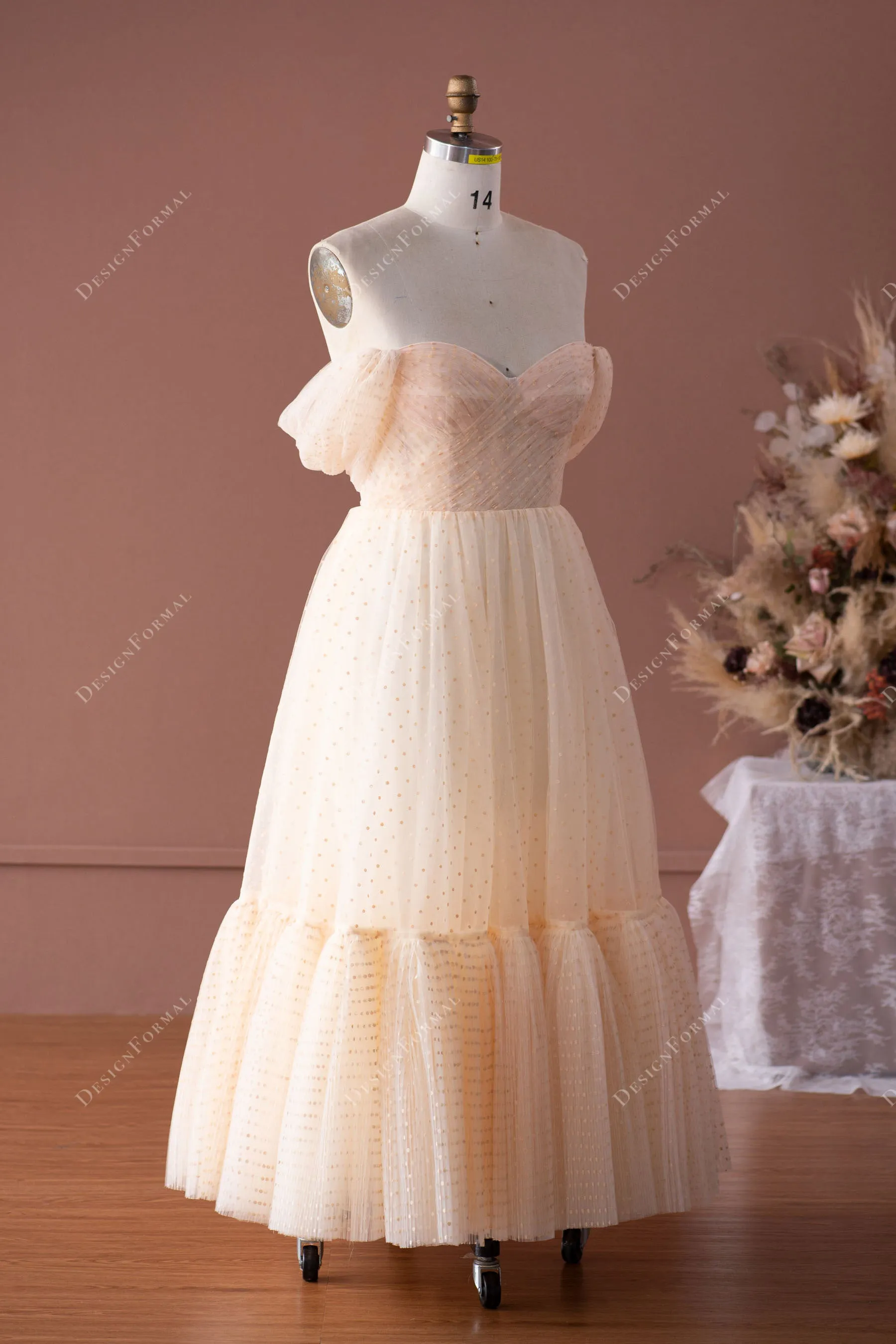 Dot Tulle Off Shoulder Tea Length fairy Formal Dress