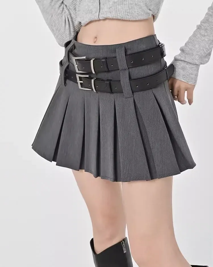 Double Belt Pleated Mini Skirt