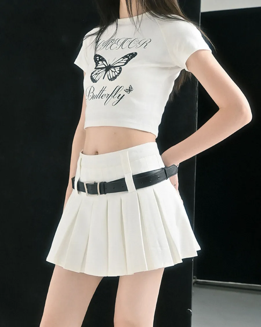 Double Belt Pleated Mini Skirt