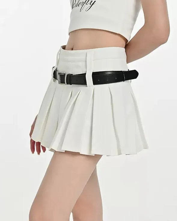 Double Belt Pleated Mini Skirt