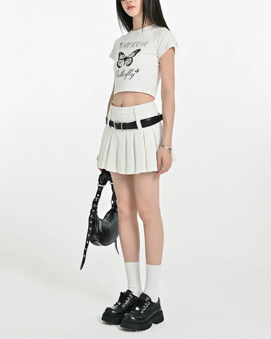 Double Belt Pleated Mini Skirt