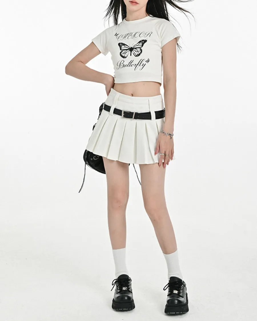 Double Belt Pleated Mini Skirt