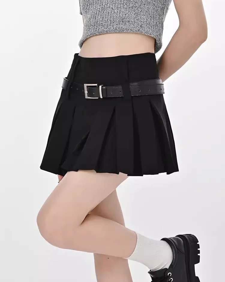 Double Belt Pleated Mini Skirt