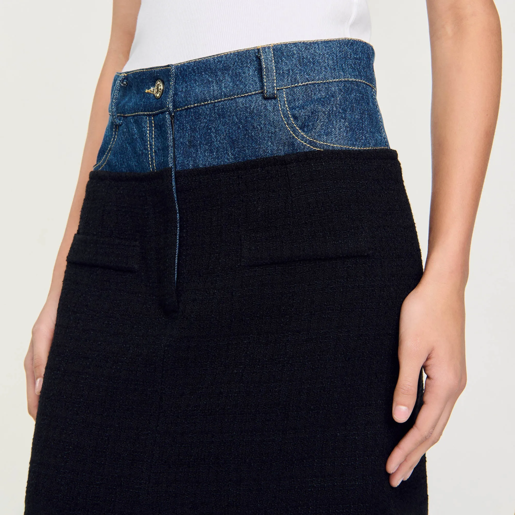 Dual-Material Denim Pleated Skirt