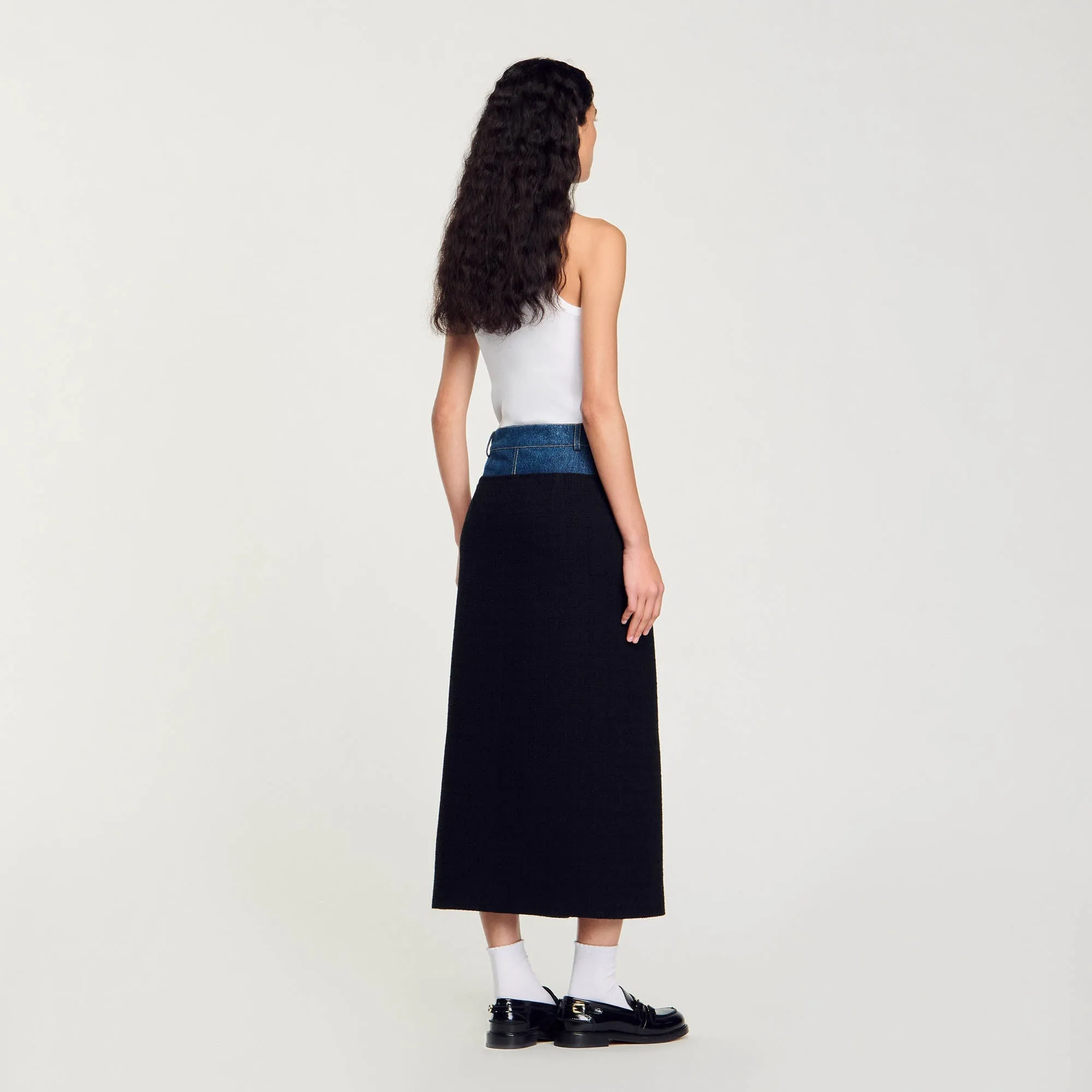 Dual-Material Denim Pleated Skirt